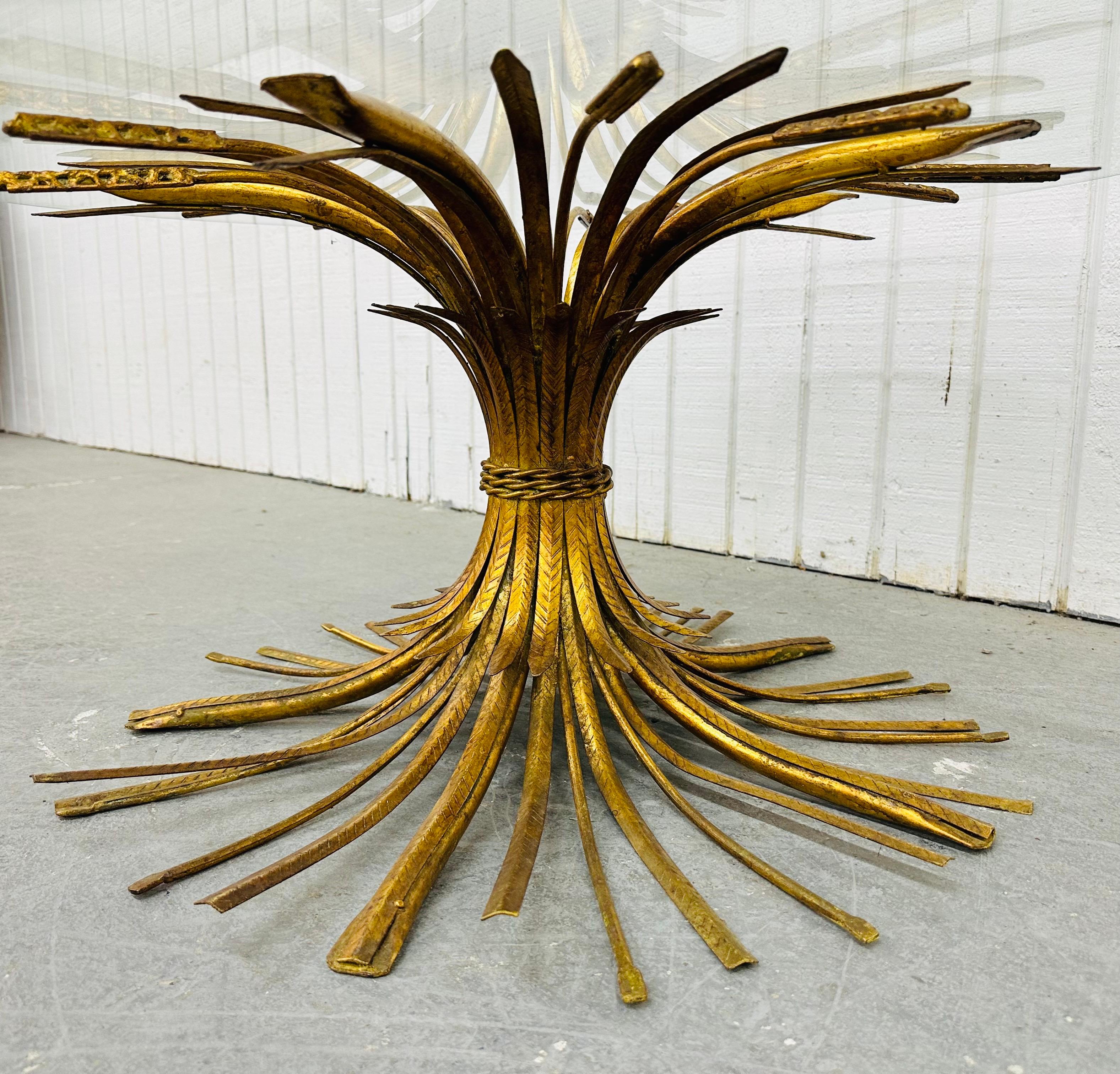 Metal Vintage Hollywood Regency Gold Gilt Wheat Glass Top Coffee Table