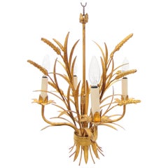 Vintage Hollywood Regency Gold Gilt Wheat Sheath Chandelier 4-Light