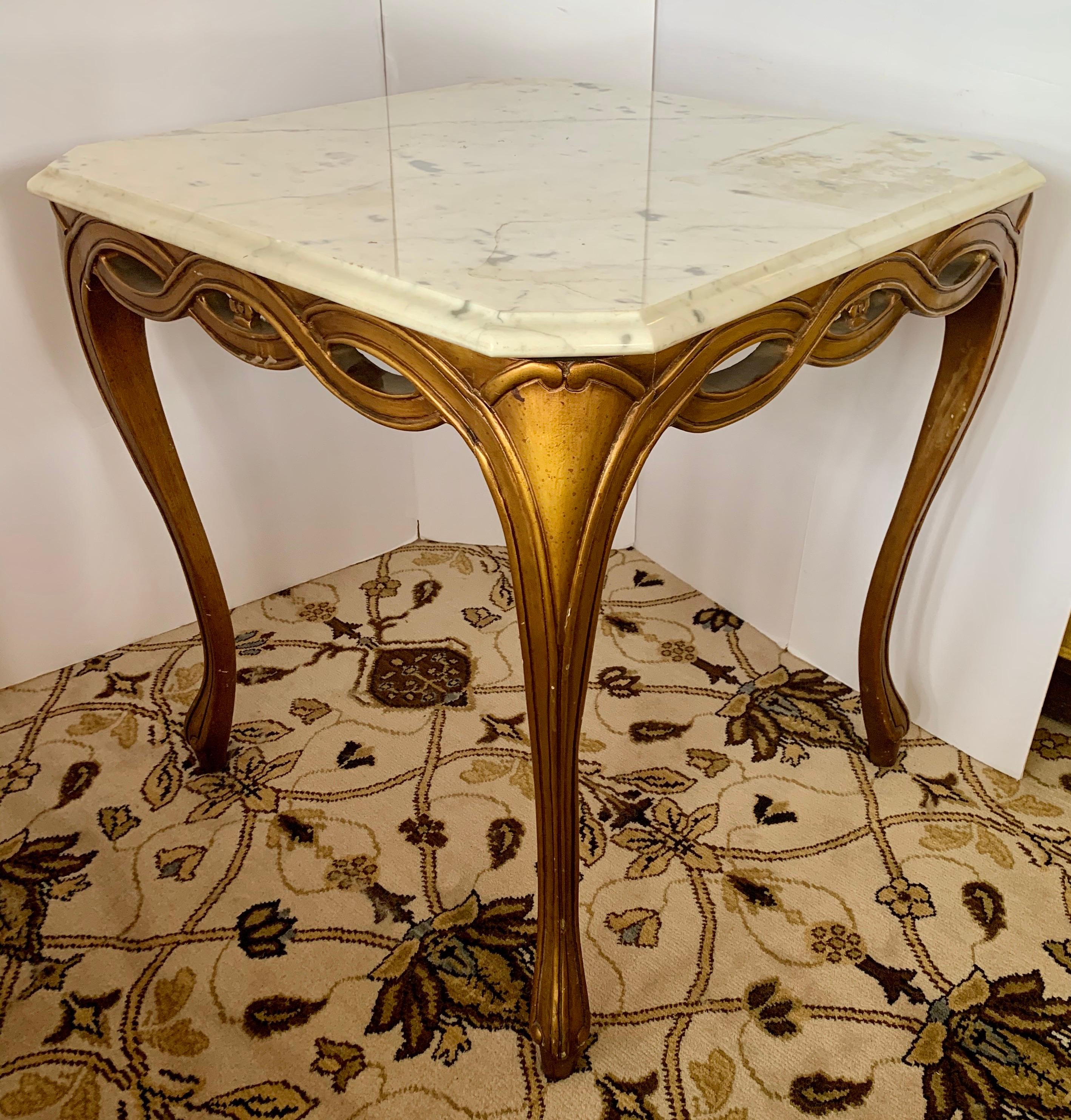 Mid-20th Century Vintage Hollywood Regency Gold Giltwood Marble-Top End Tables Mid-Century Modern
