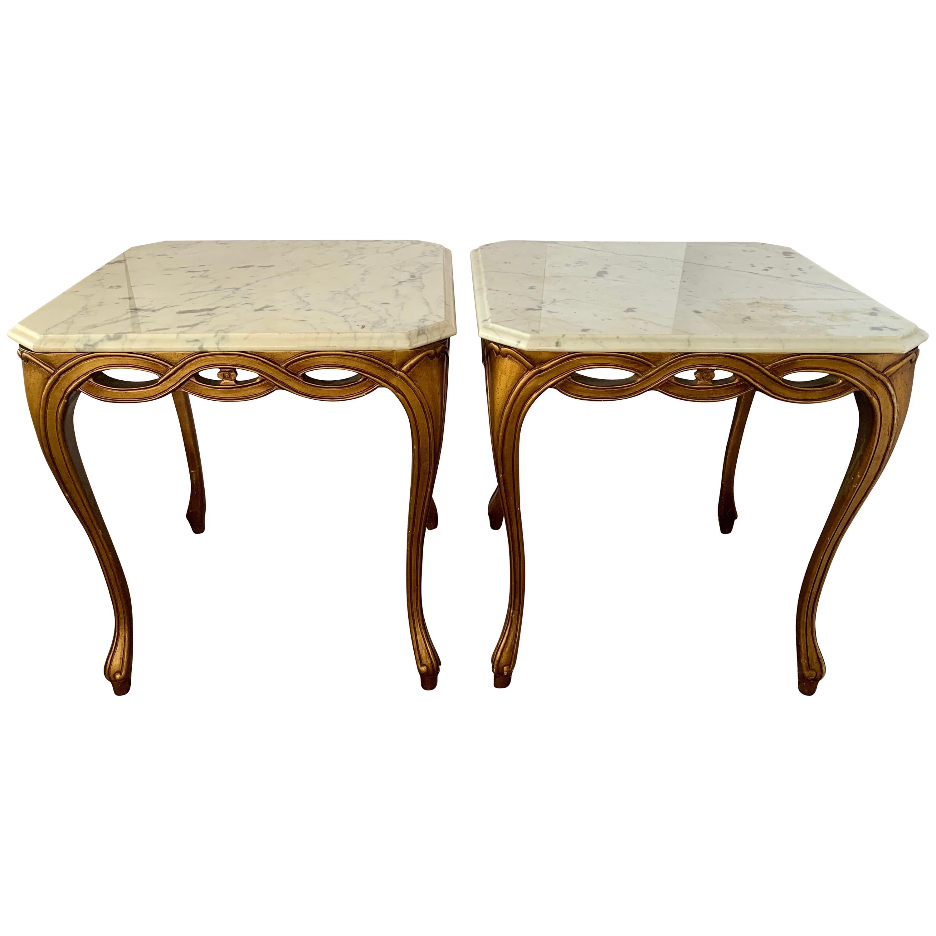 Vintage Hollywood Regency Gold Giltwood Marble-Top End Tables Mid-Century Modern