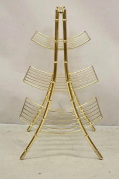 Vintage Hollywood Regency Gold Metal Faux Bamboo 3 Tier Magazine Rack Stand