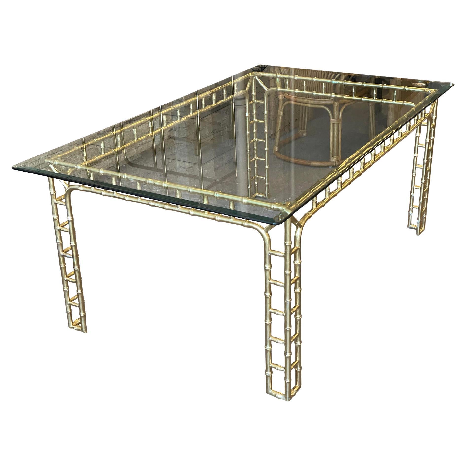 Vintage Hollywood Regency Gold Metal Faux Bamboo Dining Table