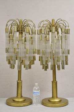 Vintage Hollywood Regency Gold "Palm Tree" Acrylic Waterfall Table Lamps - Pair