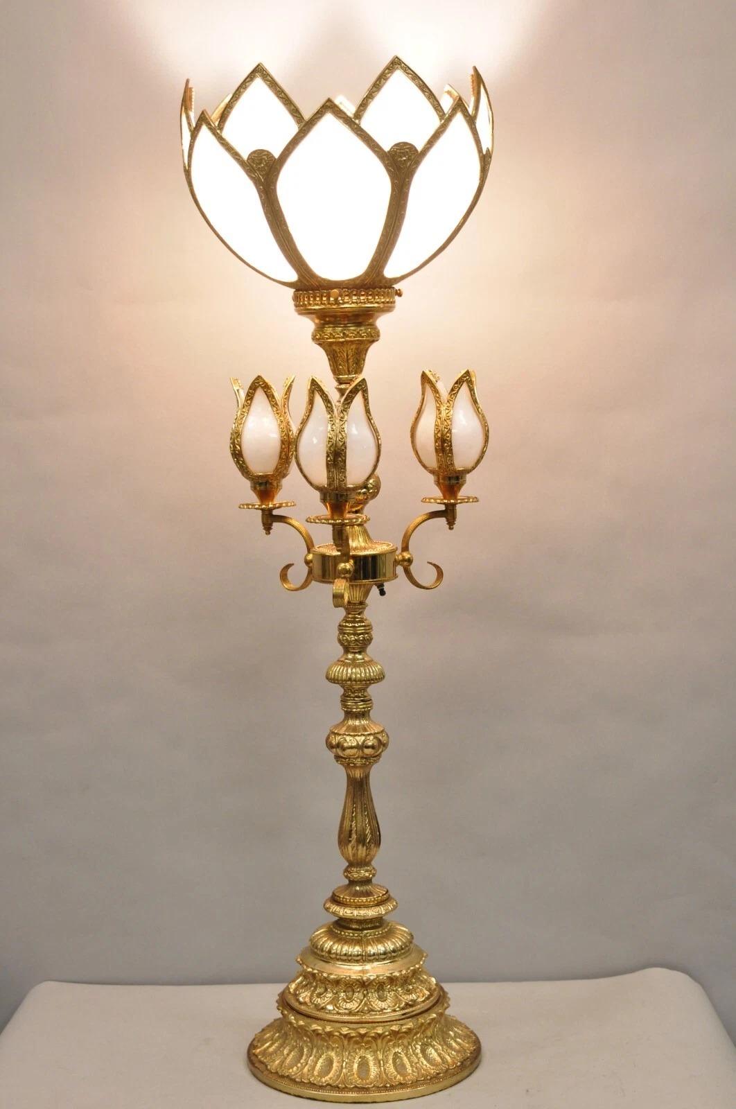 Vintage Hollywood Regency Gold Tall Candlestick Lantern Tulip Shade Table Lamp For Sale 4