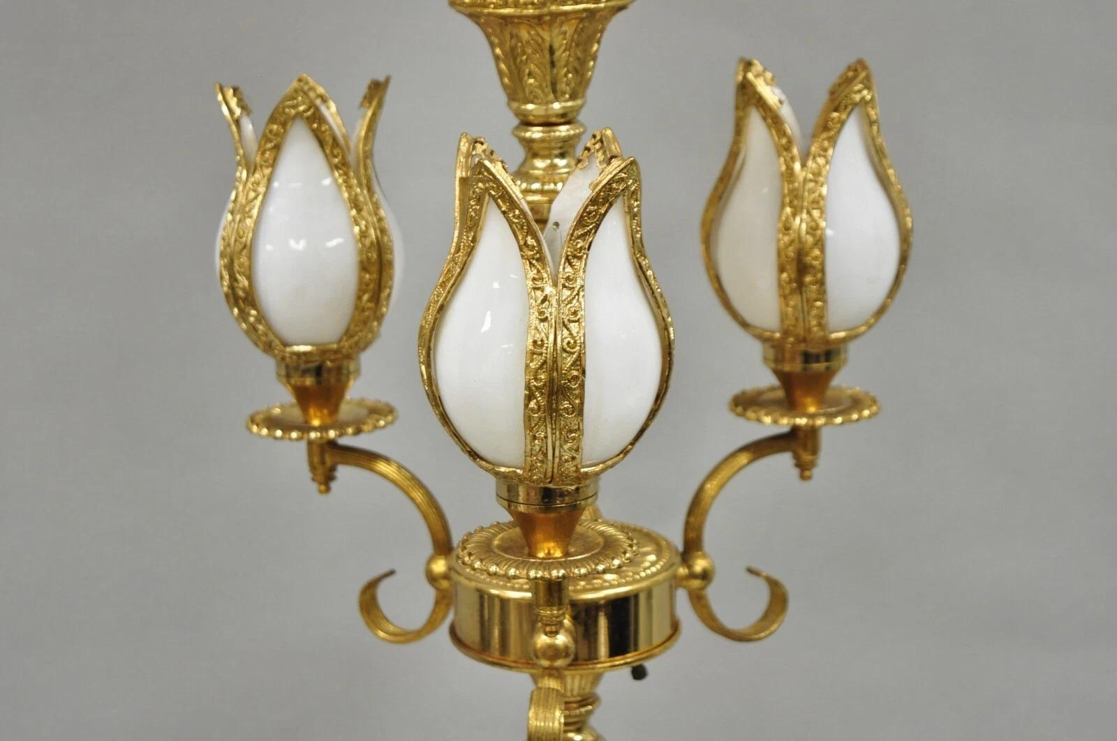 Vintage Hollywood Regency Gold Tall Candlestick Lantern Tulip Shade Table Lamp In Good Condition For Sale In Philadelphia, PA