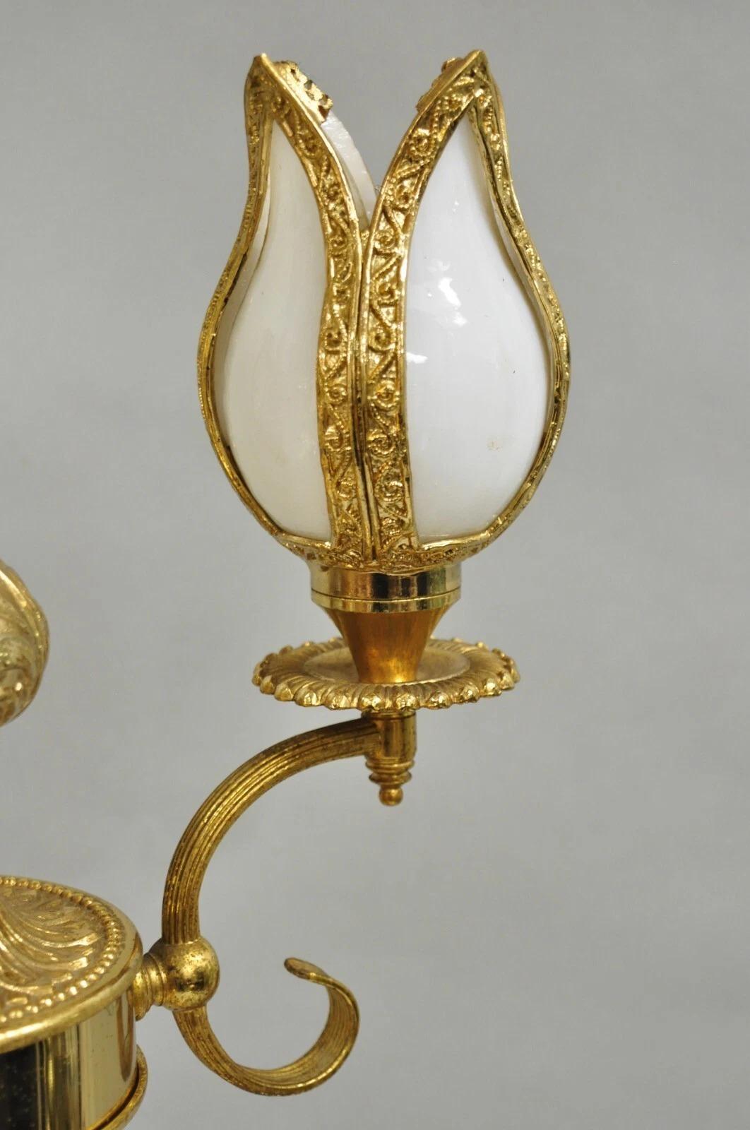 20th Century Vintage Hollywood Regency Gold Tall Candlestick Lantern Tulip Shade Table Lamp For Sale
