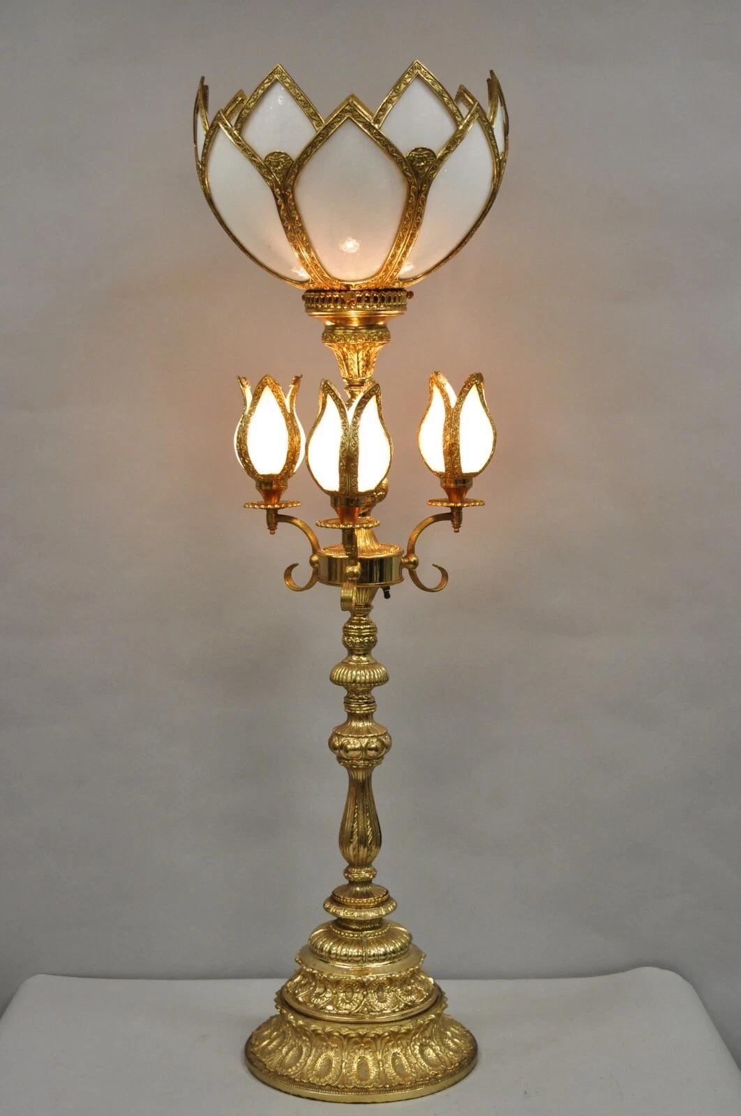 Vintage Hollywood Regency Gold Tall Candlestick Lantern Tulip Shade Table Lamp For Sale 3