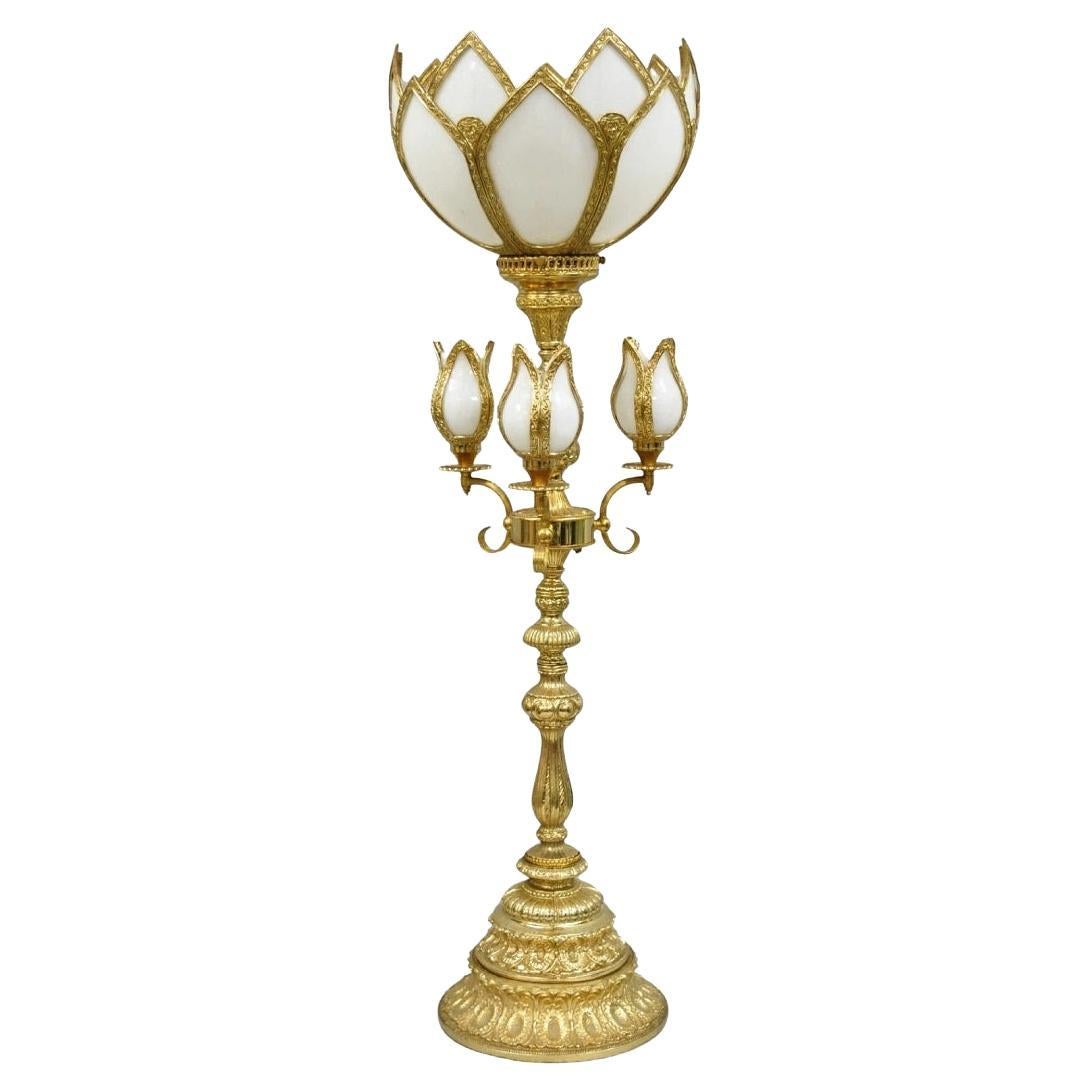 Vintage Hollywood Regency Gold Tall Candlestick Lantern Tulip Shade Table Lamp For Sale