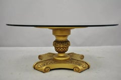 Vintage Hollywood Regency Gold Wooden Pedestal Base Round Glass Top Coffee Table