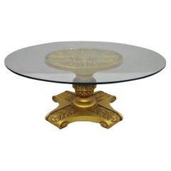 Vintage Hollywood Regency Gold hölzerne Pedestal Basis Runde Glasplatte Couchtisch