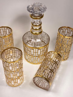 Vintage Hollywood Regency Golden Shoji, Imperial 4 Large Glasses & Decanter Set