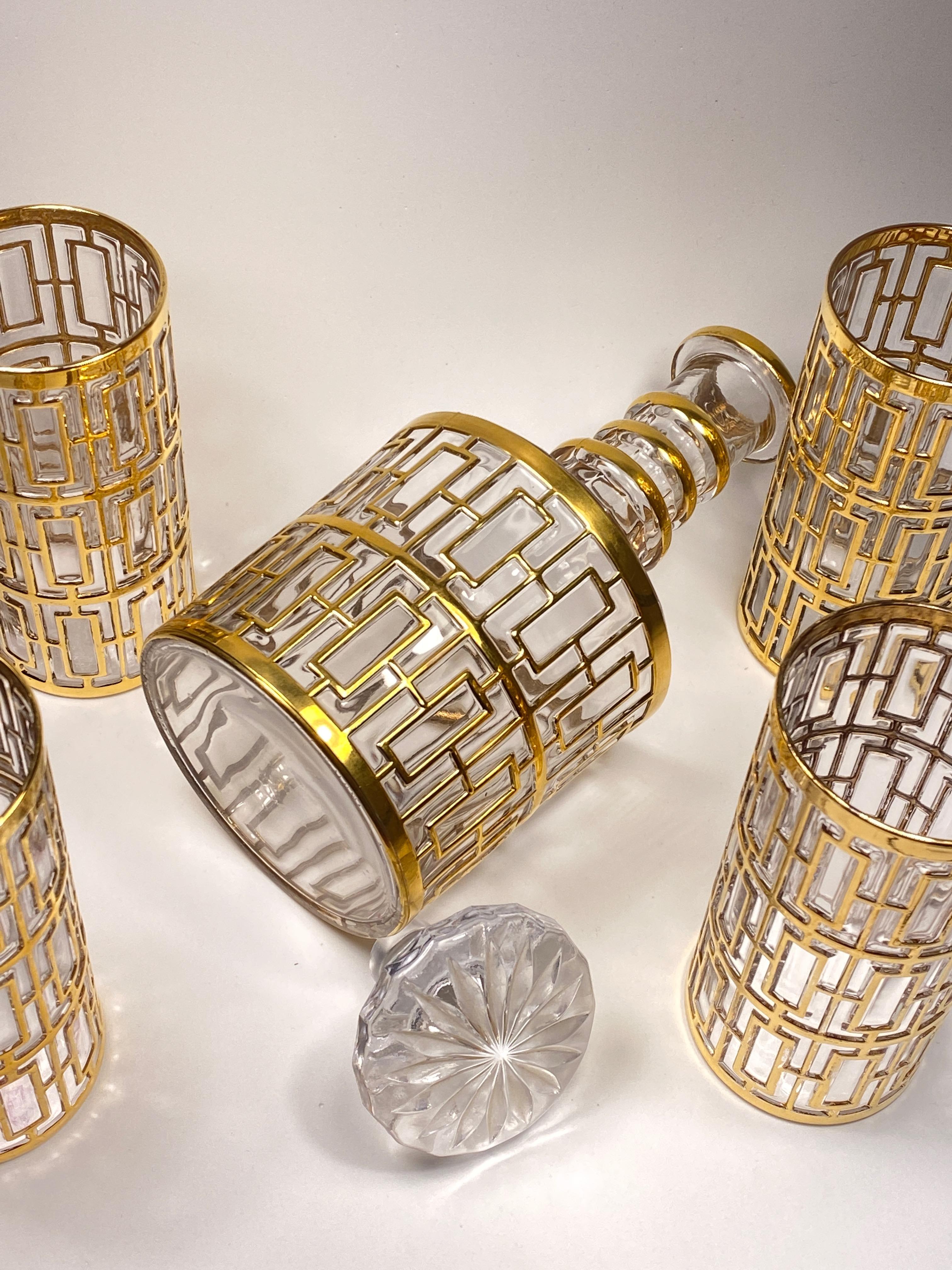American Vintage Hollywood Regency Golden Shoji, Imperial 4 Large Glasses & Decanter Set