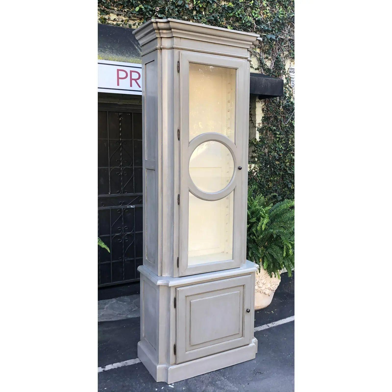 French Vintage Hollywood Regency Gray Painted Showcase Cupboard Cabinet For Sale
