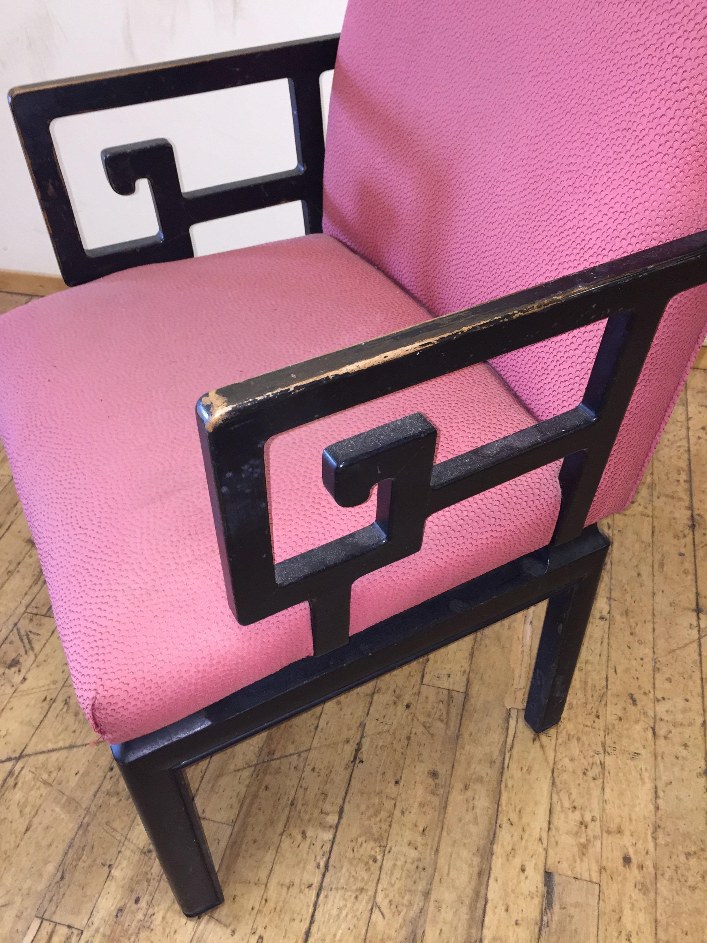 Vintage Greek key armchairs, Baker from the Far East Collection. Michael Taylor. In the manner of James Mont, Edward Wormley for Dunbar, Paul Frankl.

Price individually. We have 4 available at this time.

These are due for reupholstery.
Frames need