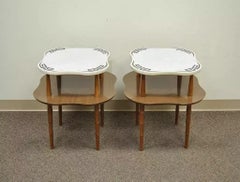Vintage Hollywood Regency Greek Key Marble Faux Bamboo Wood End Tables - Pair