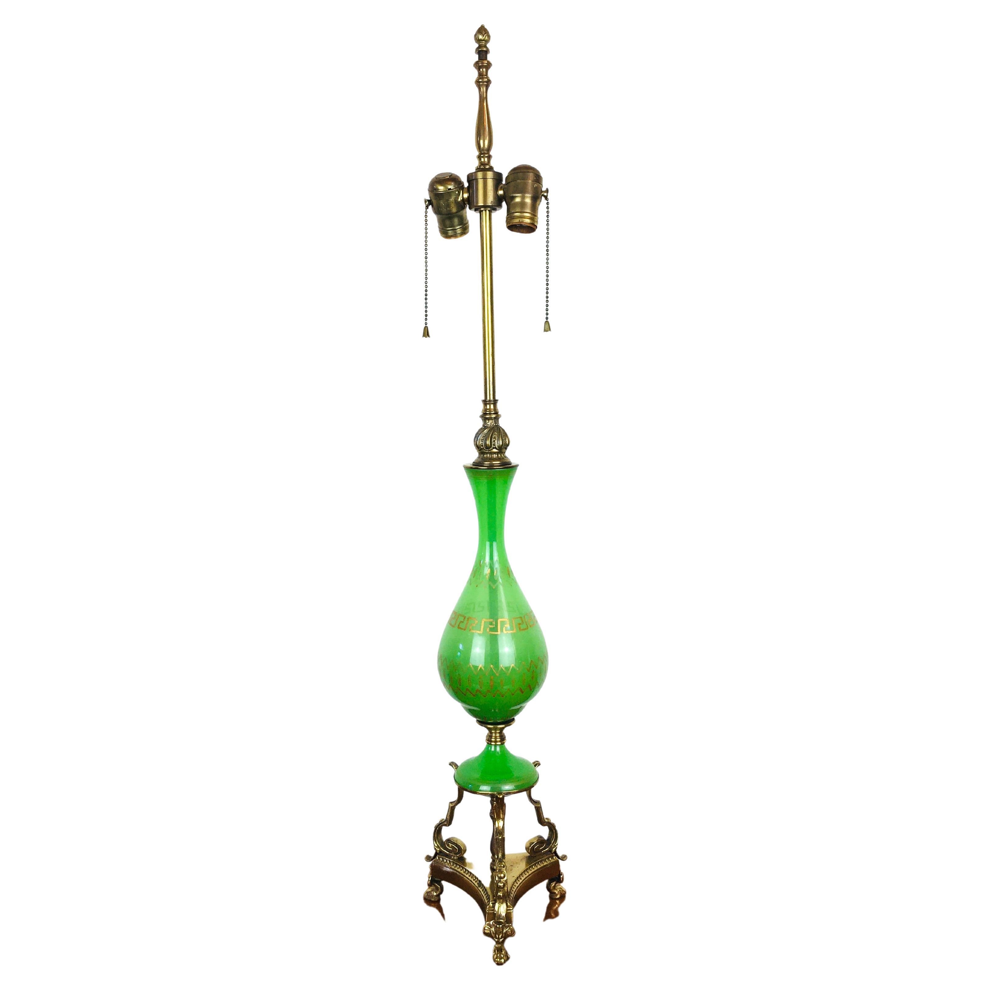 Vintage Hollywood Regency Green Glass Urn & Brass Table Lamp
