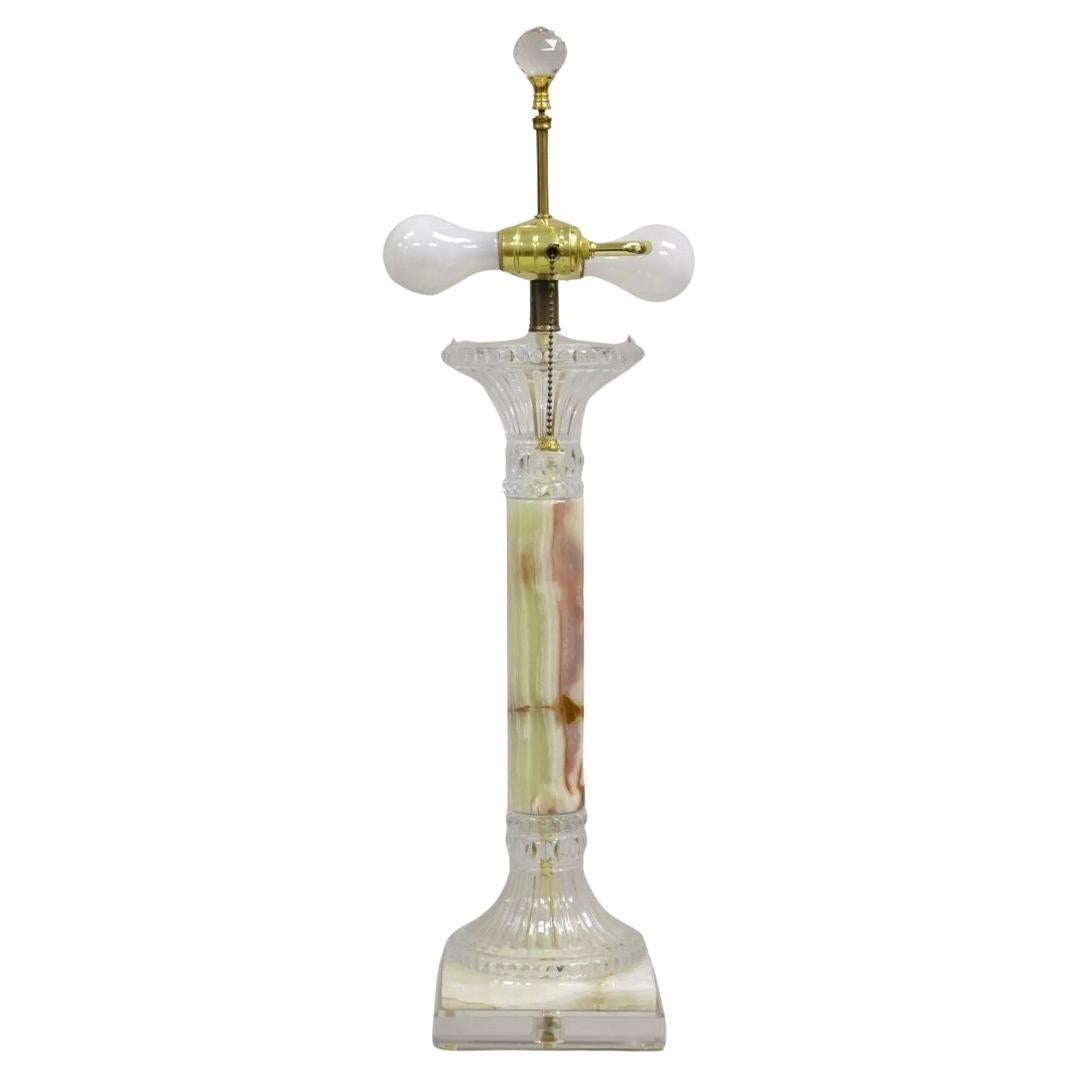 Vintage Hollywood Regency Green Onyx Stone Corinthian Column Table Lamp