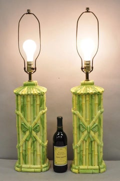 Vintage Hollywood Regency Green & Yellow Ceramic Faux Bamboo Table Lamps - Pair