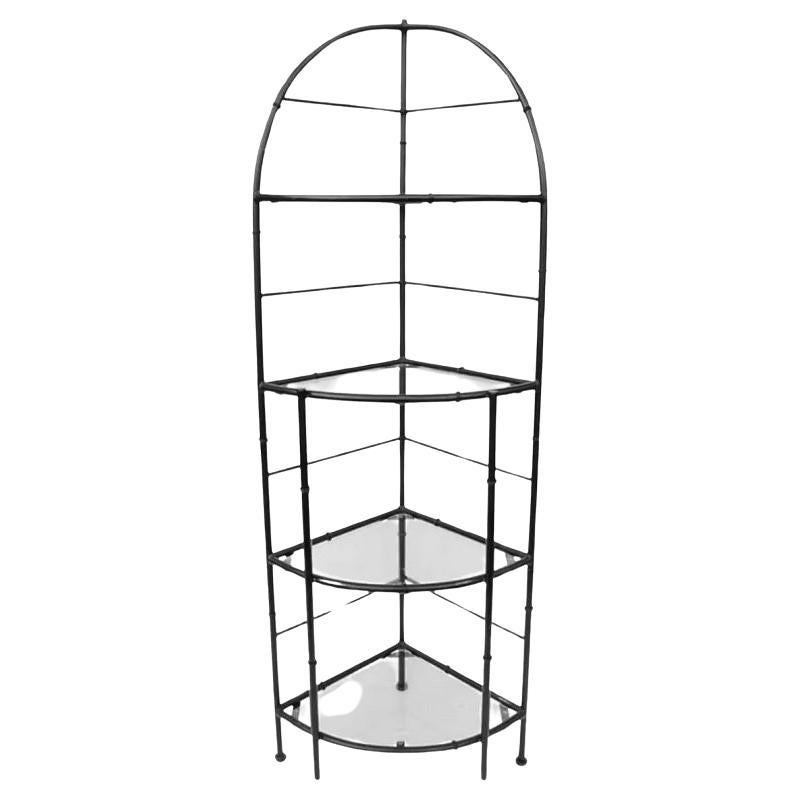 Vintage Hollywood Regency Iron Metal Faux Bamboo Corner Bakers Rack Etagere