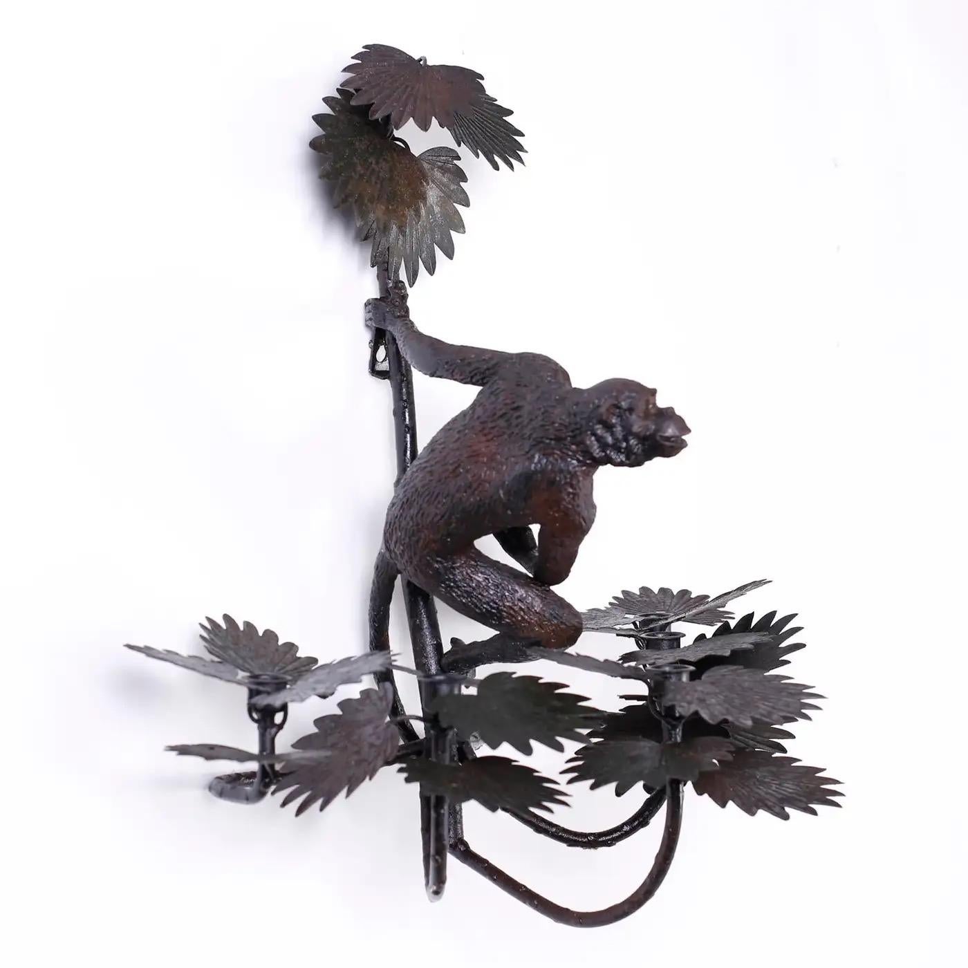 20th Century Vintage Hollywood Regency Italian Cast Iron Monkey Palm Wall Sconces - Pair For Sale