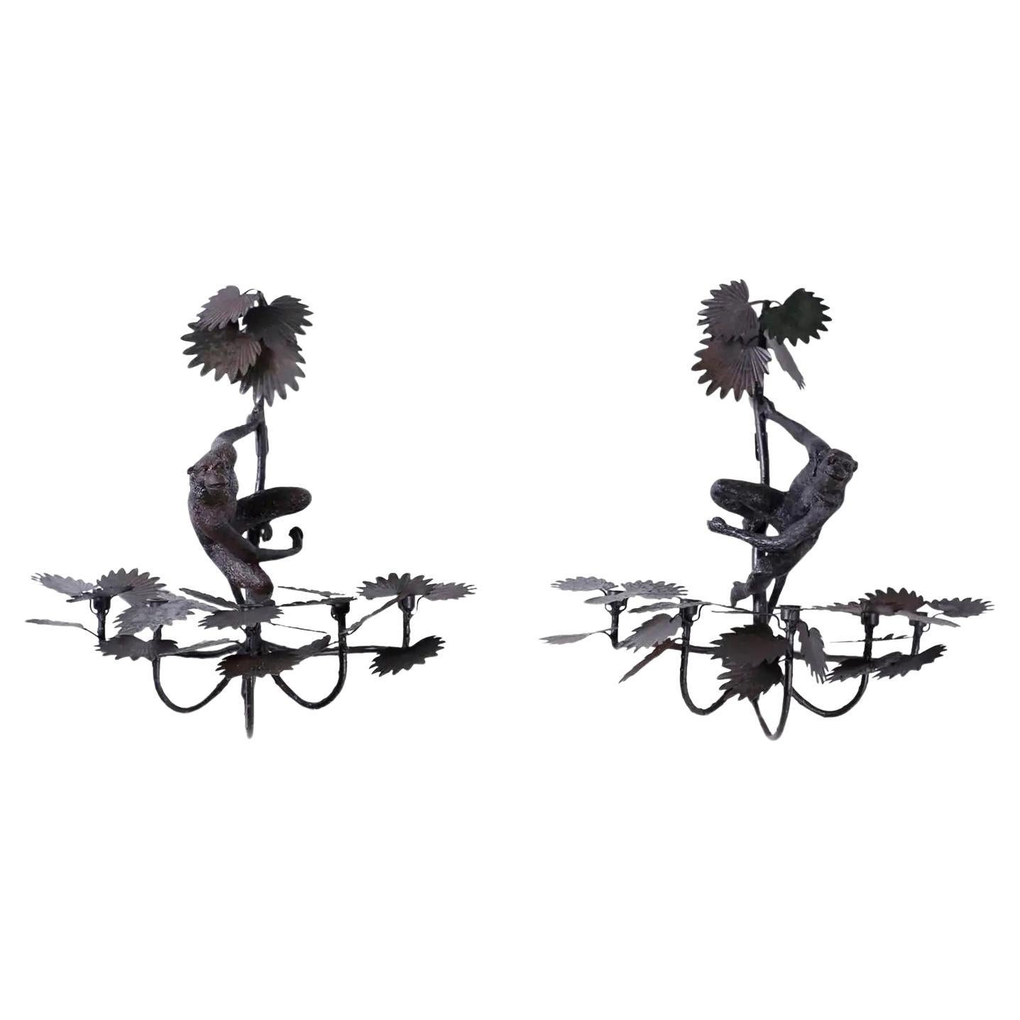 Vintage Hollywood Regency Italian Cast Iron Monkey Palm Wall Sconces - Pair For Sale