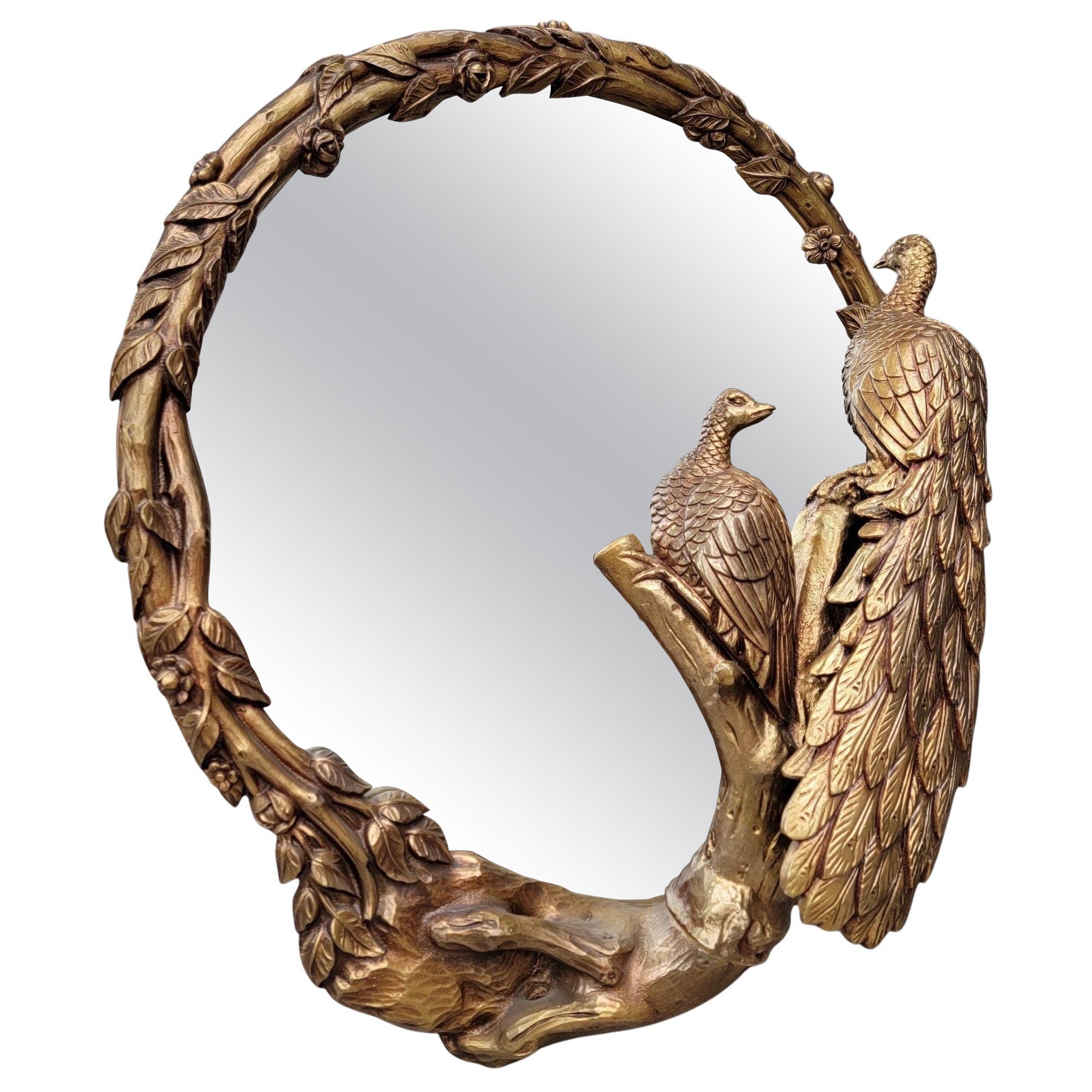 Specchio d'epoca Hollywood Regency italiano con pavone dorato