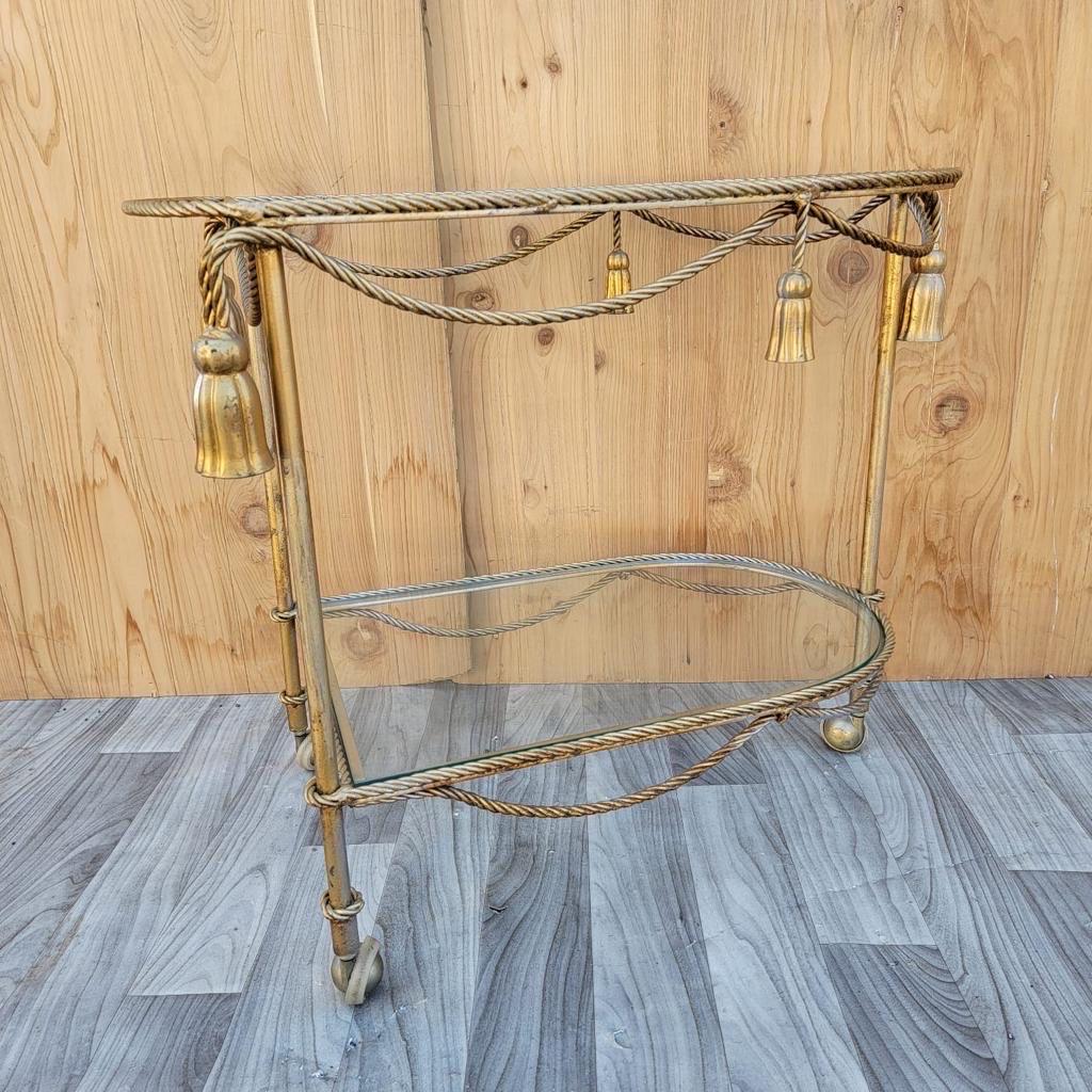 Vintage Hollywood Regency Italian Gilt Rope & Tassle Drinks Trolley Bar Cart In Good Condition For Sale In Chicago, IL