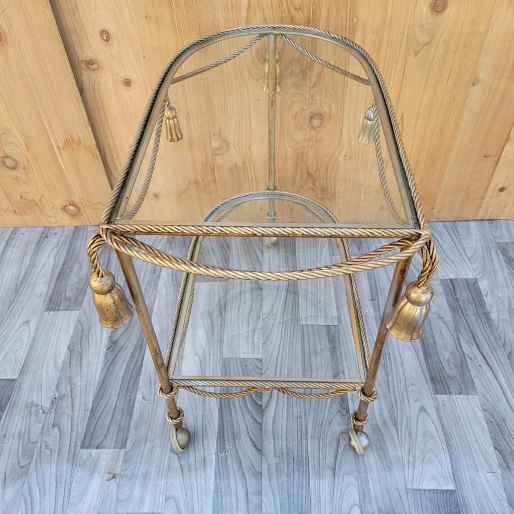 Late 20th Century Vintage Hollywood Regency Italian Gilt Rope & Tassle Drinks Trolley Bar Cart For Sale