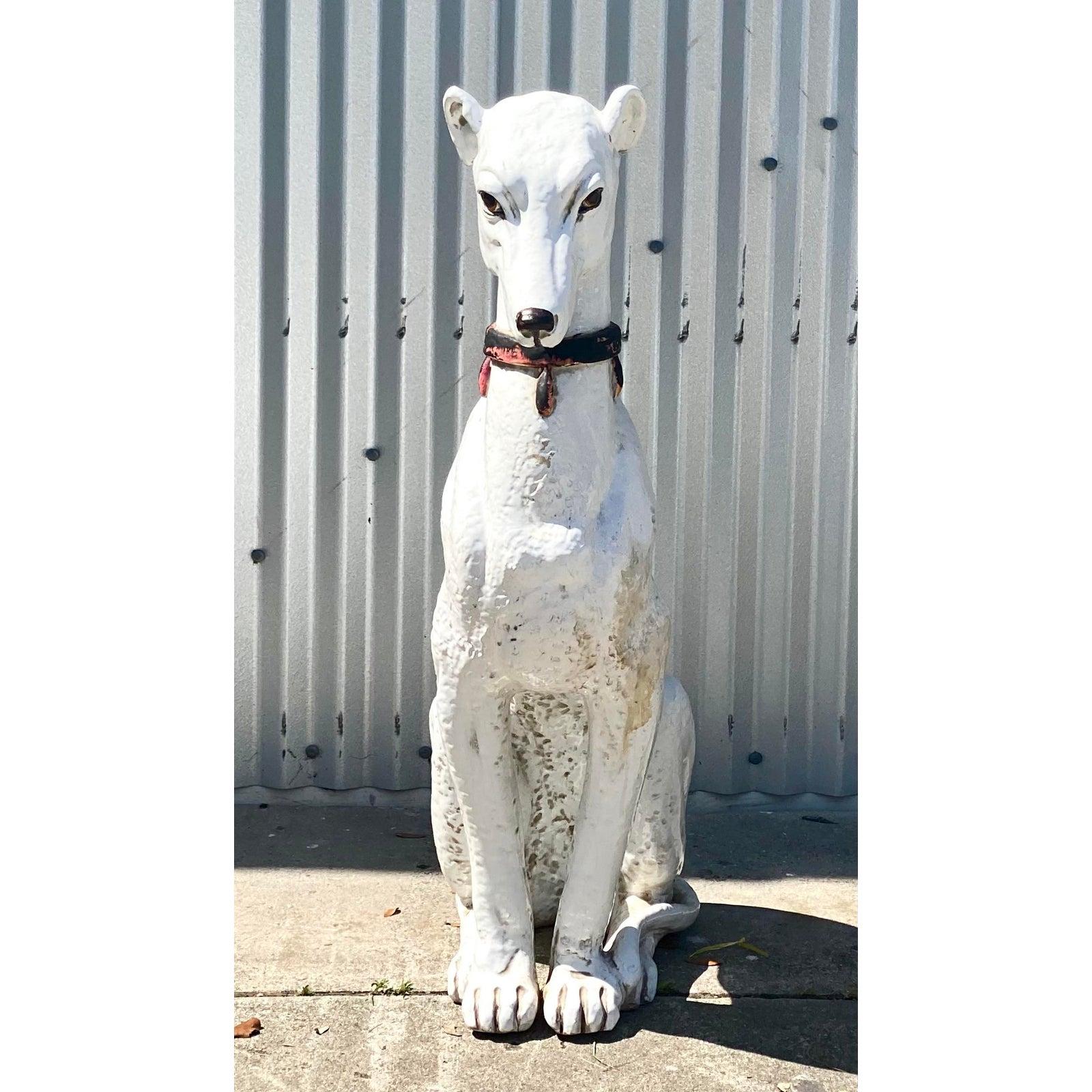 Incredible vintage Regency glazed terracotta dog. Tall and impressive with beautiful hand painted detail. Acquired from a Palm Beach estate.