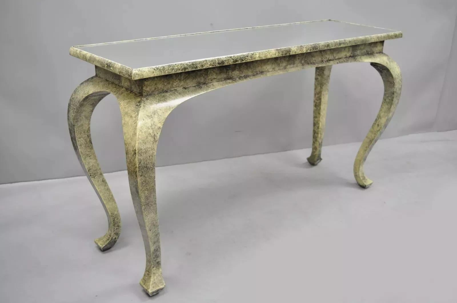Vintage Hollywood Regency James Mont Style Console Hall Sofa Table w/ Mirror Top. Item features inset mirror top, bone colored lacquer finish with black accents, shapely cabriole legs, solid wood construction, sleek sculptural form. Circa Late 20th