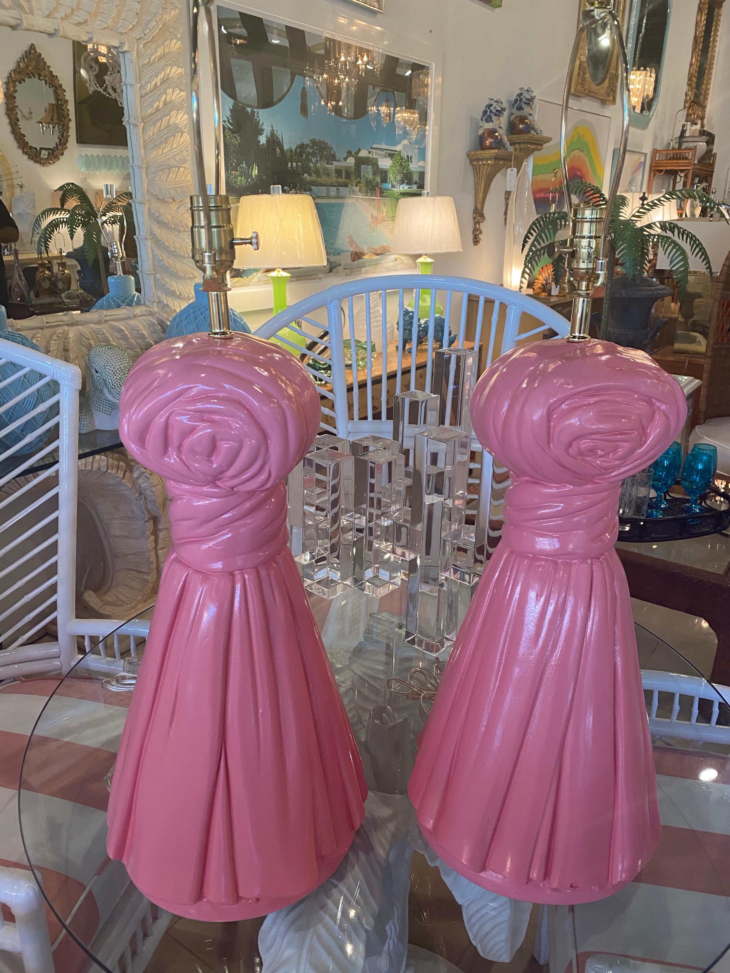Vintage Hollywood Regency Large Pair of Coral Pink Plaster Tassel Table Lamps 5