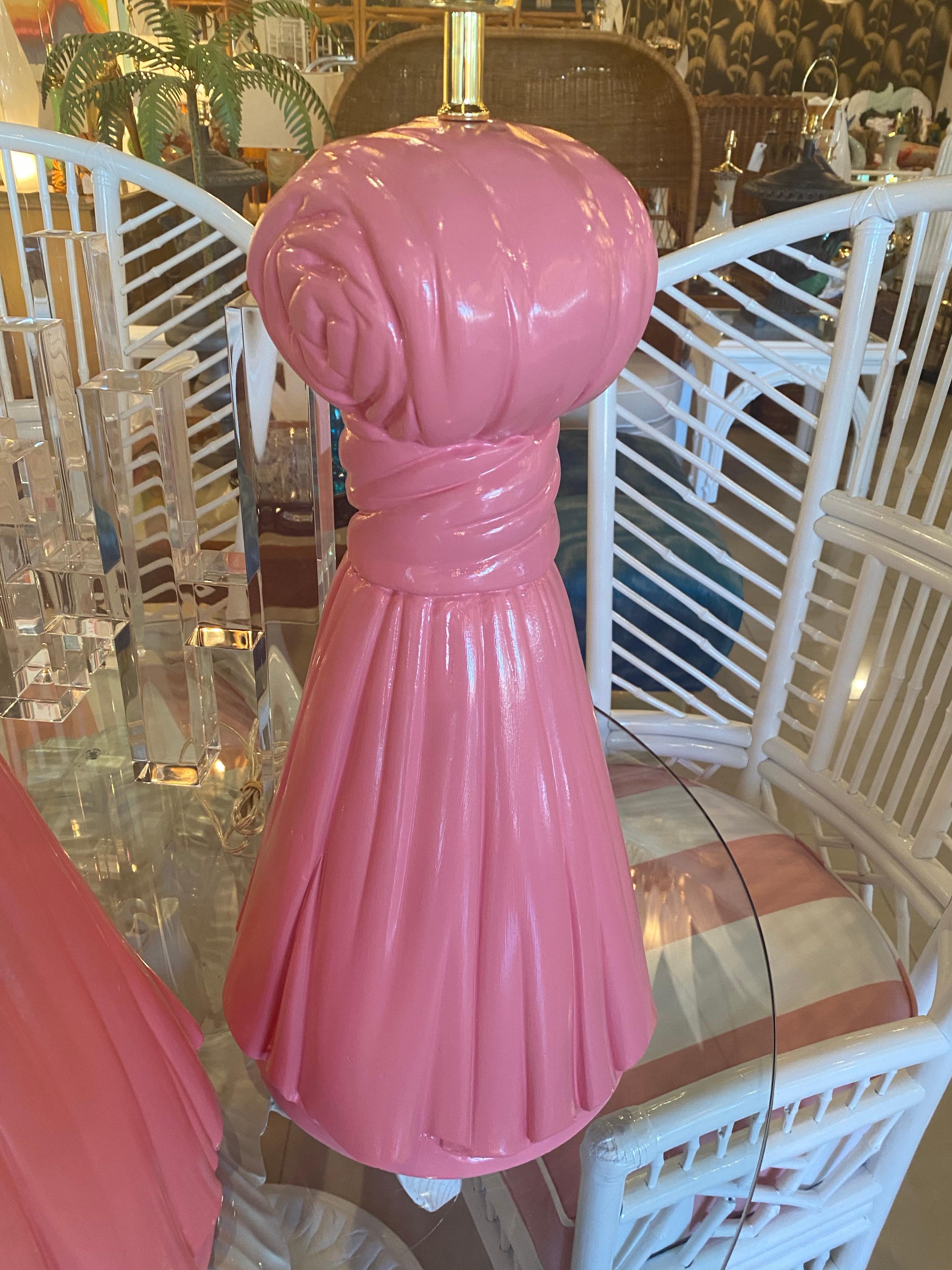 Vintage Hollywood Regency Large Pair of Coral Pink Plaster Tassel Table Lamps 6