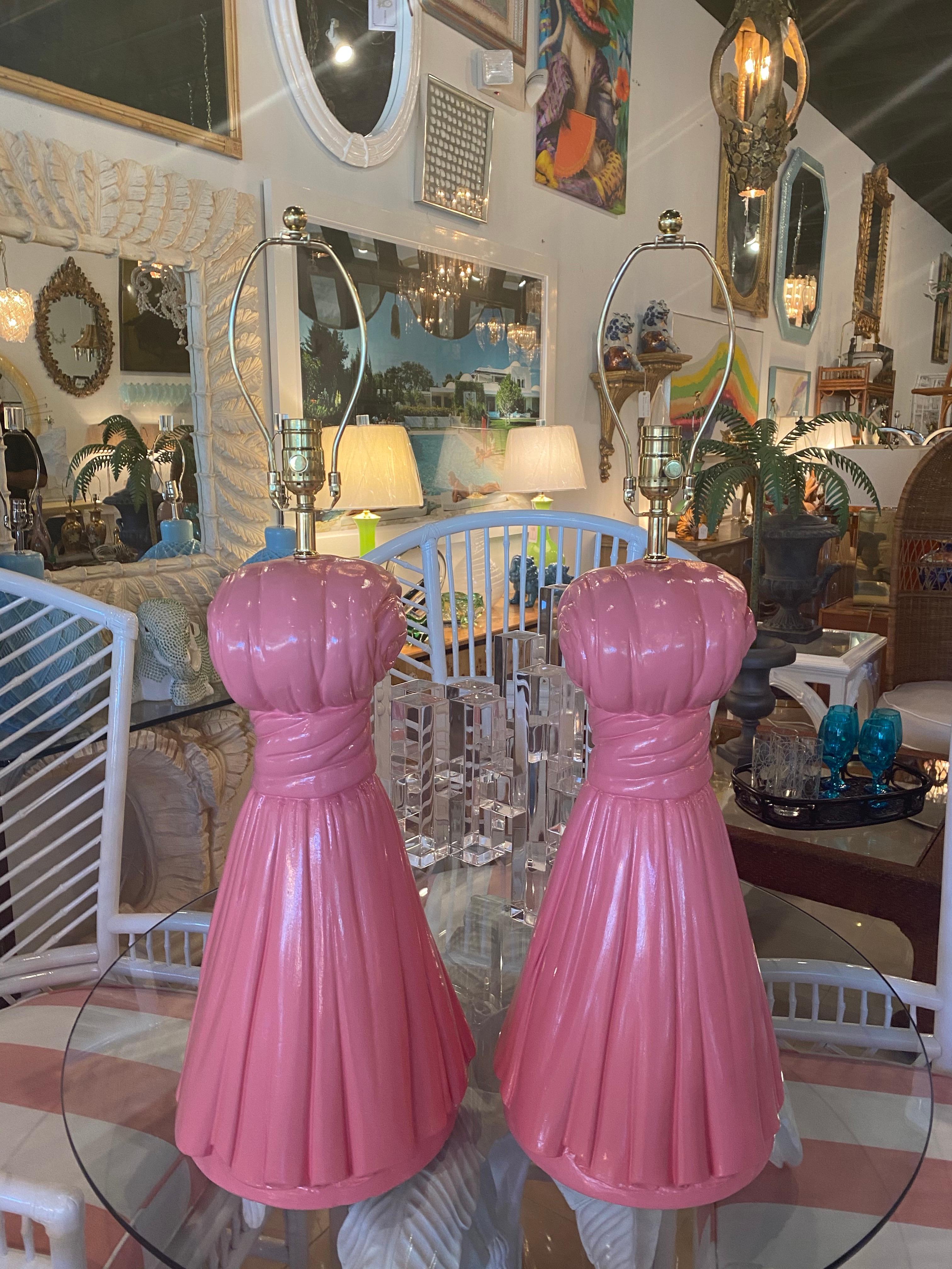 Vintage Hollywood Regency Large Pair of Coral Pink Plaster Tassel Table Lamps 7