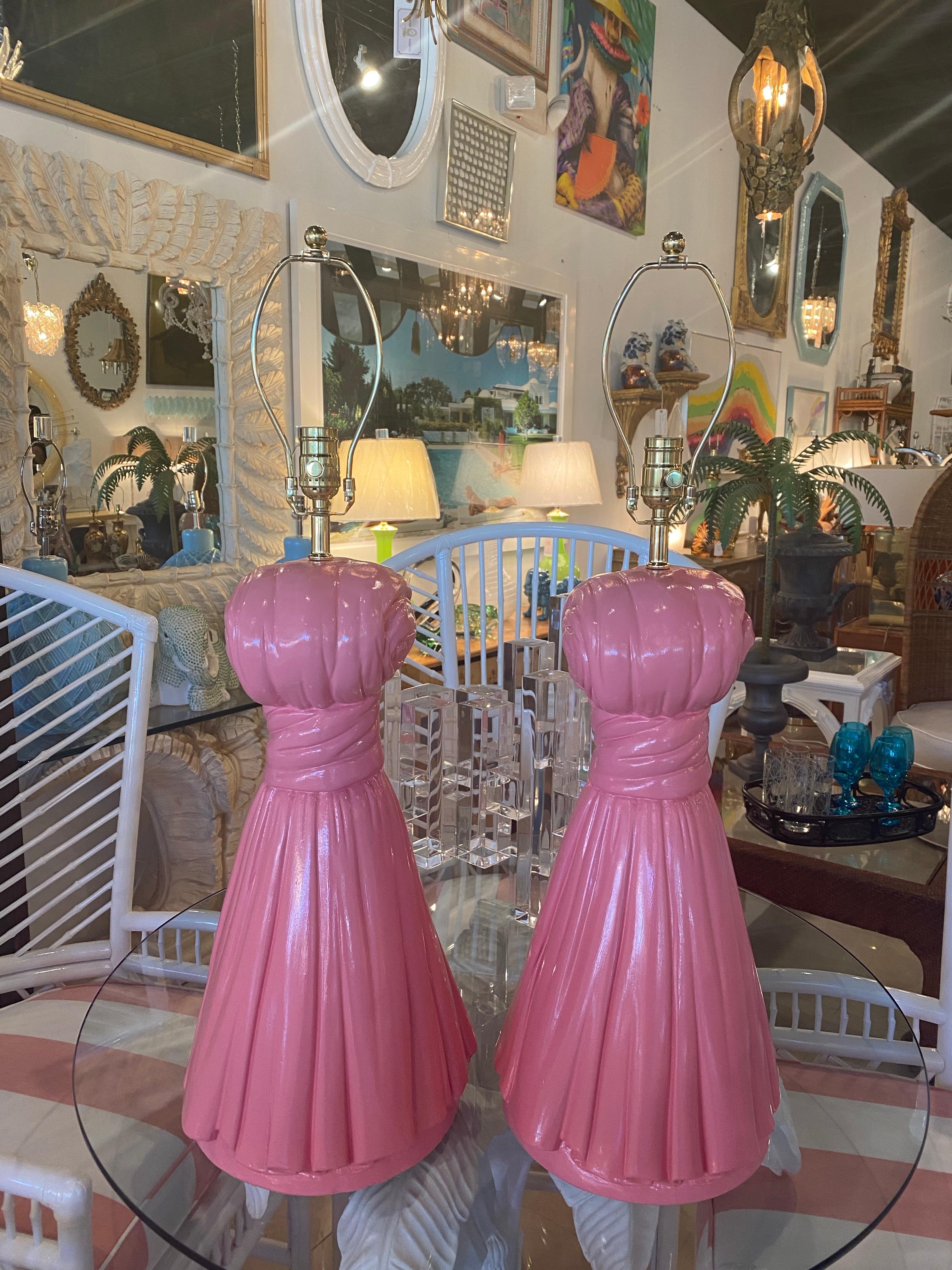 Late 20th Century Vintage Hollywood Regency Large Pair of Coral Pink Plaster Tassel Table Lamps