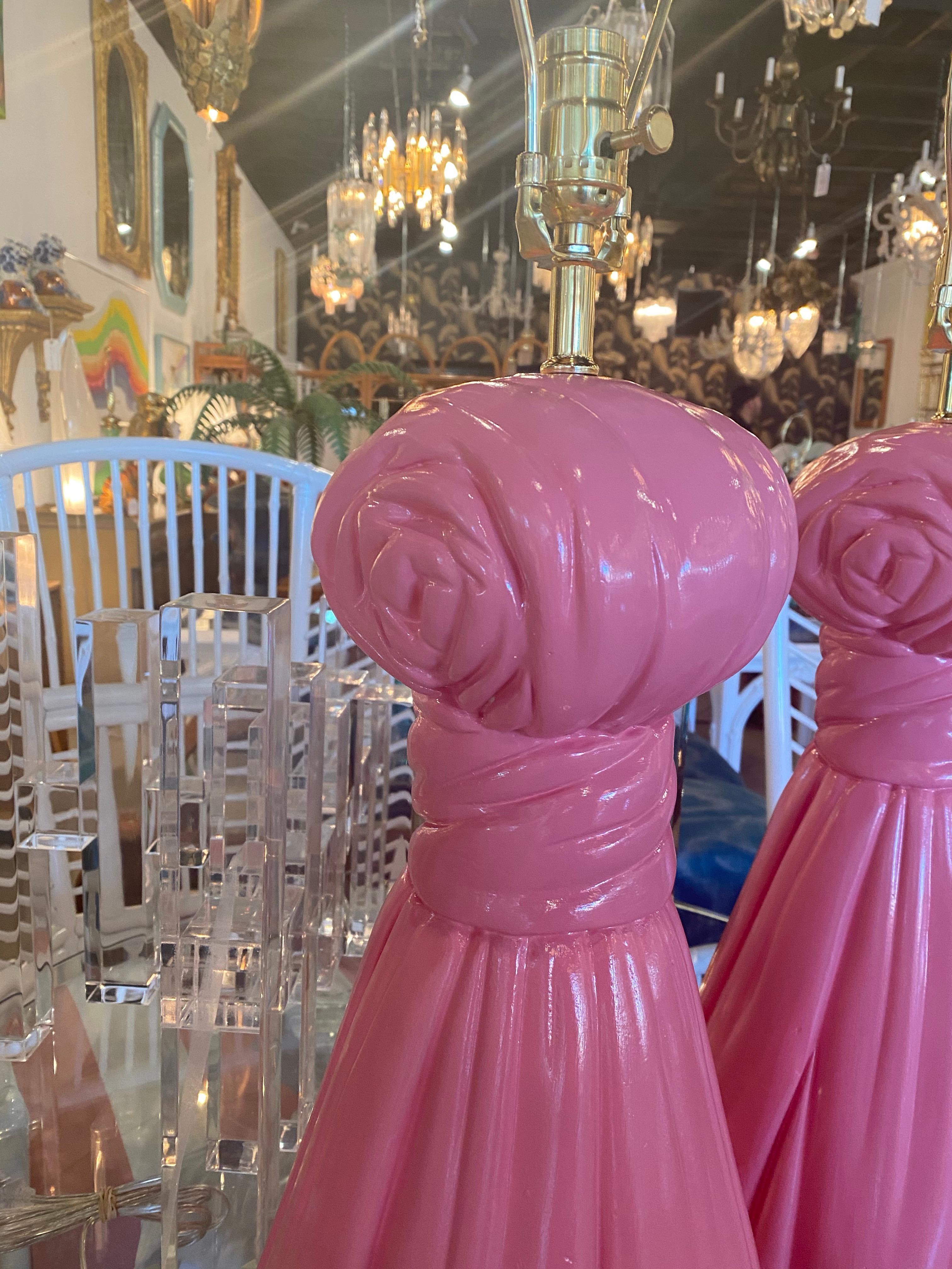Brass Vintage Hollywood Regency Large Pair of Coral Pink Plaster Tassel Table Lamps