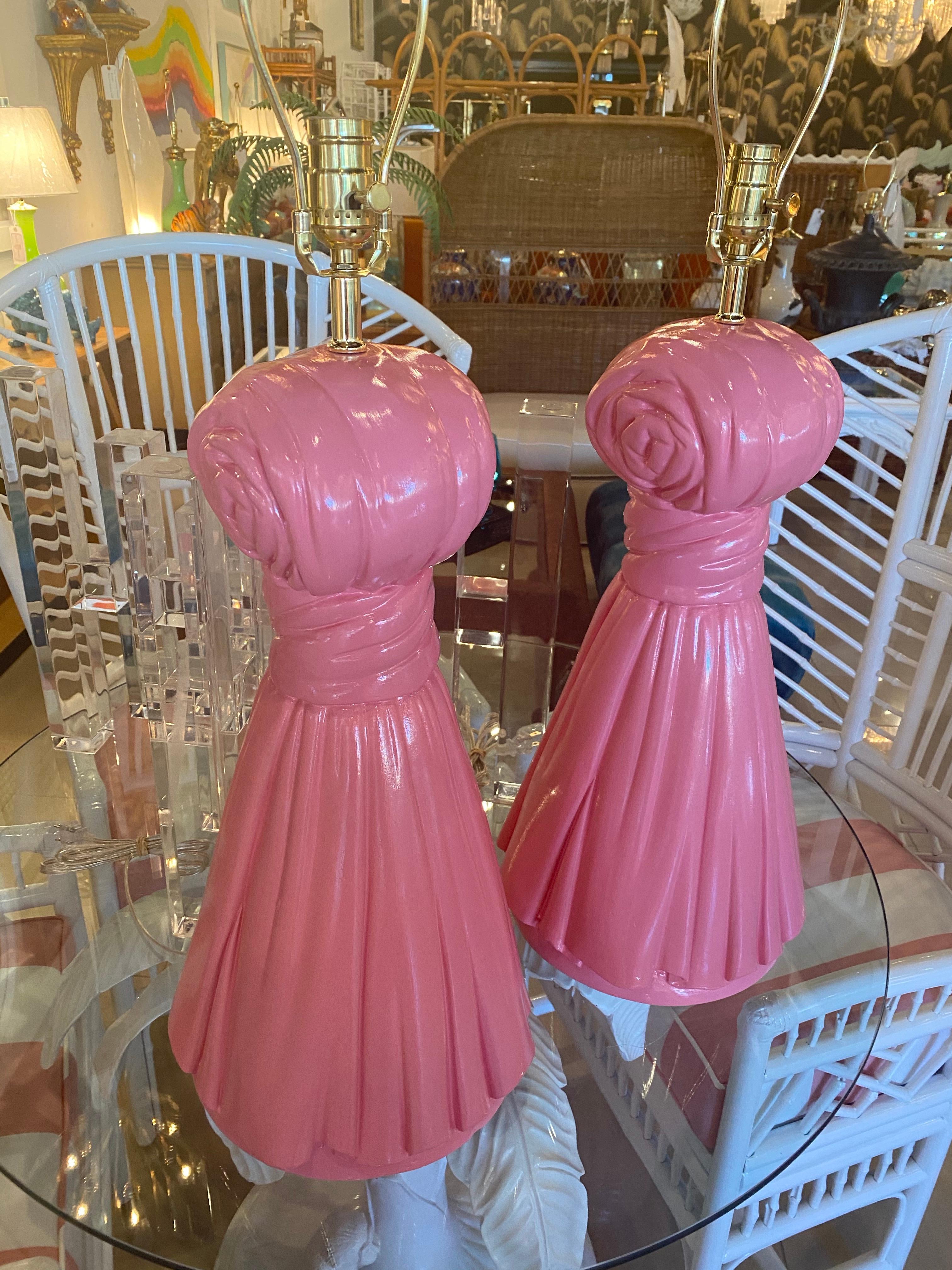 Vintage Hollywood Regency Large Pair of Coral Pink Plaster Tassel Table Lamps 1