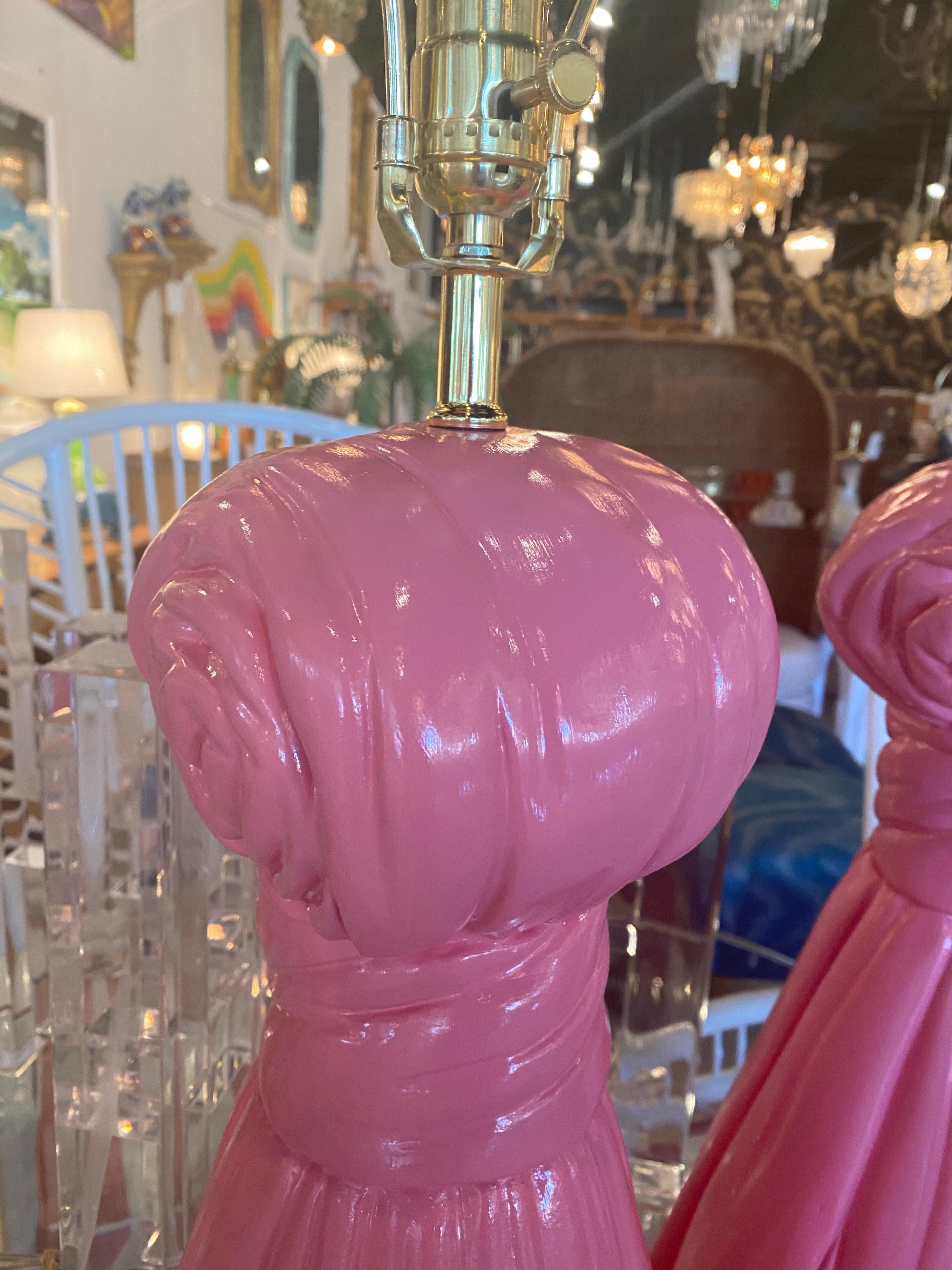 Vintage Hollywood Regency Large Pair of Coral Pink Plaster Tassel Table Lamps 2