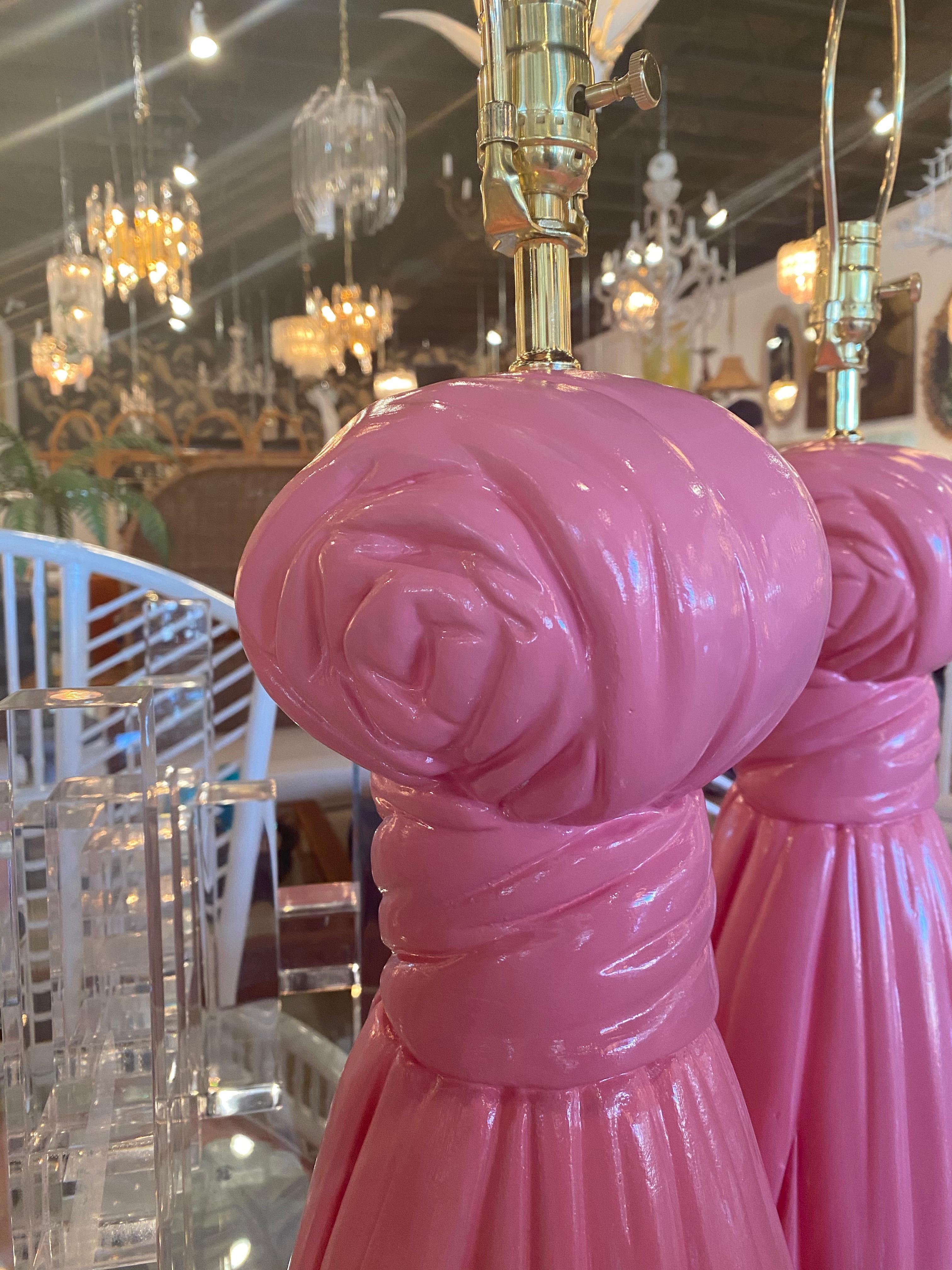 Vintage Hollywood Regency Large Pair of Coral Pink Plaster Tassel Table Lamps 3