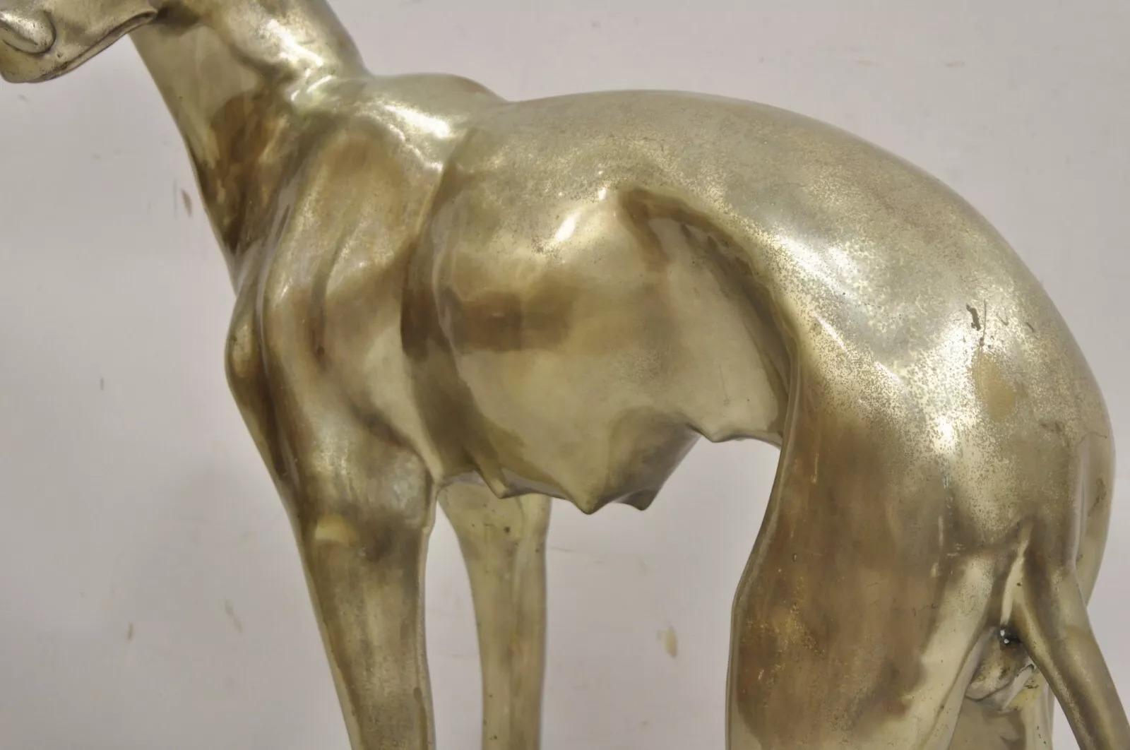 20th Century Vintage Hollywood Regency Life Size Brass Greyhound Whippet Dog Statue Sculpture For Sale
