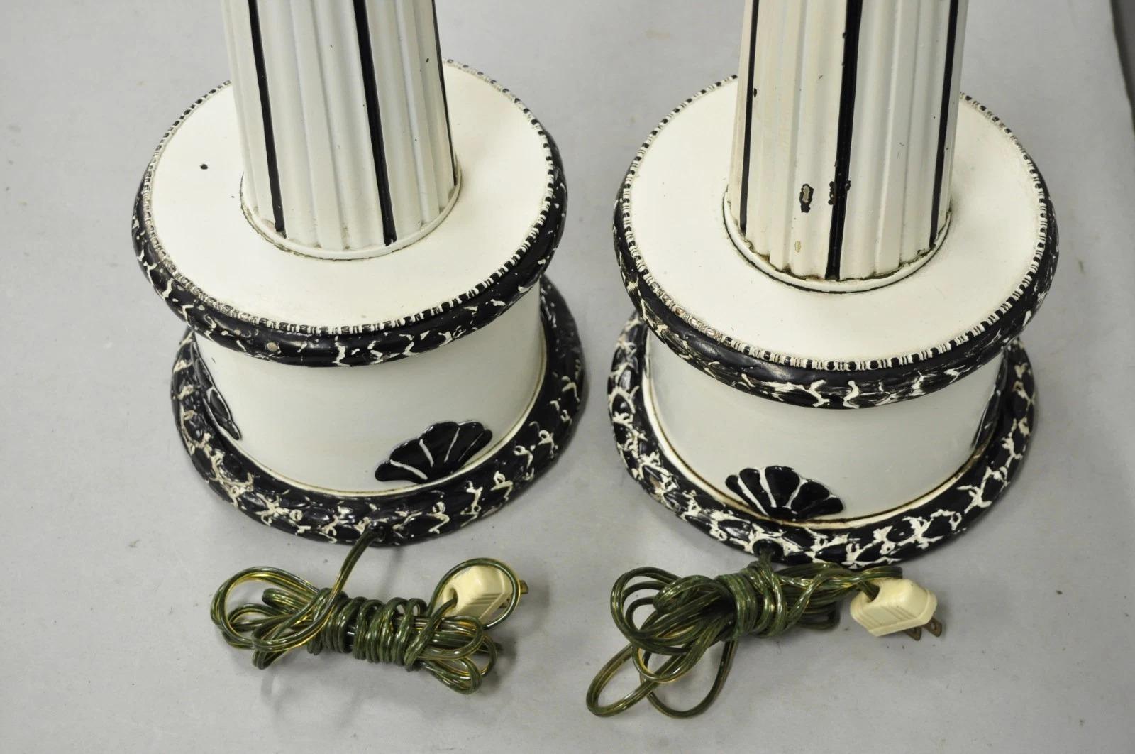 Vintage Hollywood Regency Lotus Leaf Black & White Metal Column Table Lamps Pair For Sale 5
