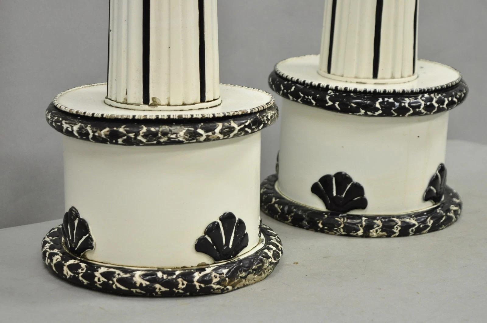 Vintage Hollywood Regency Lotus Leaf Black & White Metal Column Table Lamps Pair For Sale 6