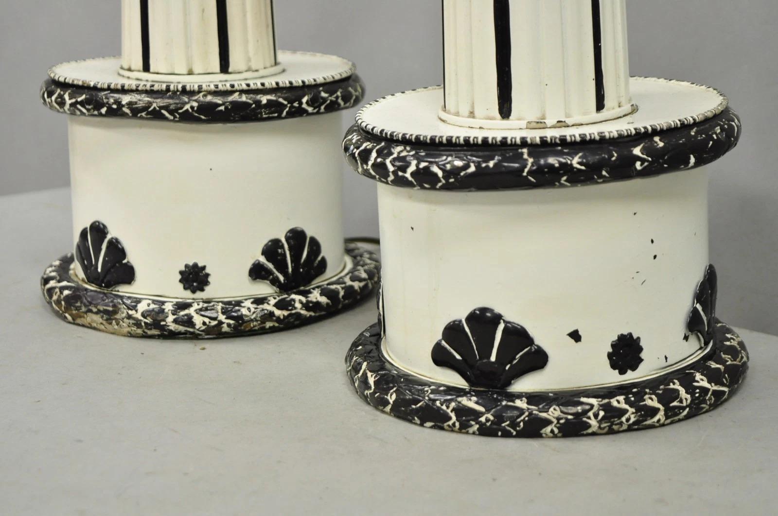 20th Century Vintage Hollywood Regency Lotus Leaf Black & White Metal Column Table Lamps Pair For Sale