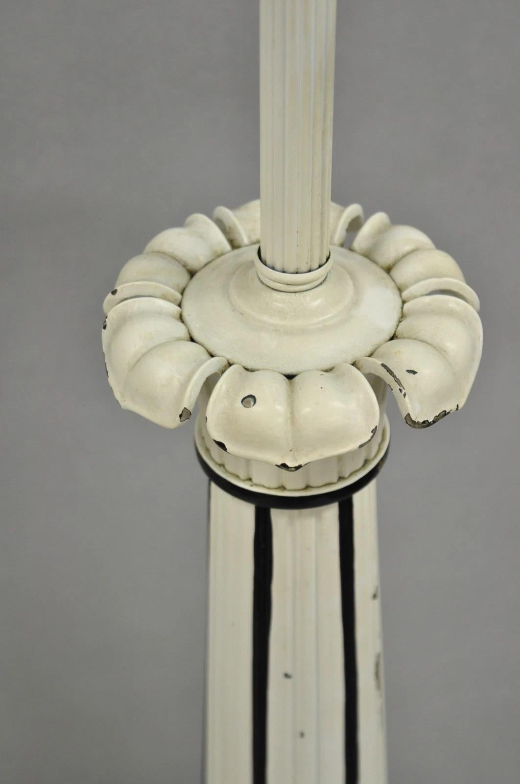 Vintage Hollywood Regency Lotus Leaf Black & White Metal Column Table Lamps Pair For Sale 1