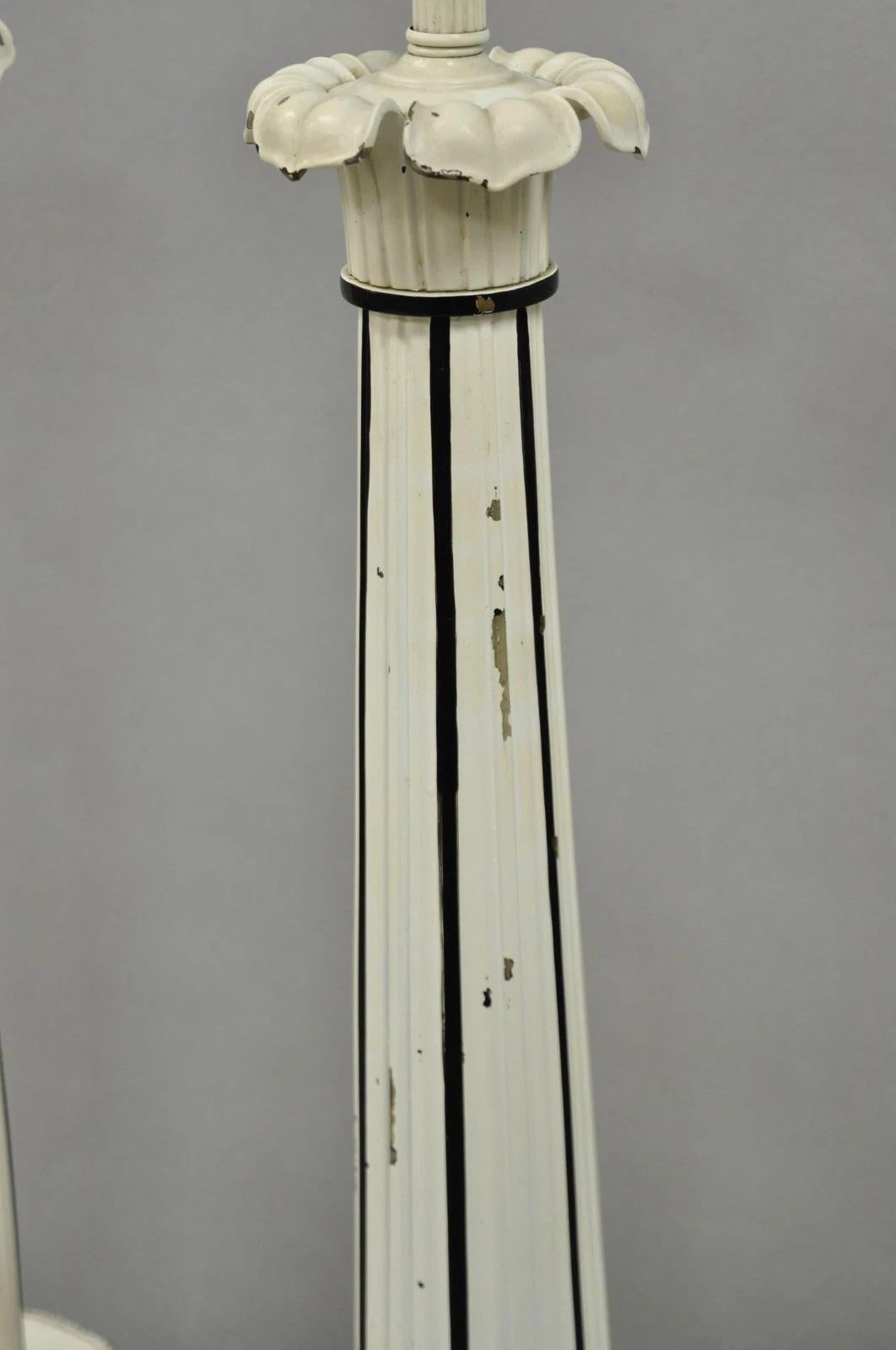 Vintage Hollywood Regency Lotus Leaf Black & White Metal Column Table Lamps Pair For Sale 2