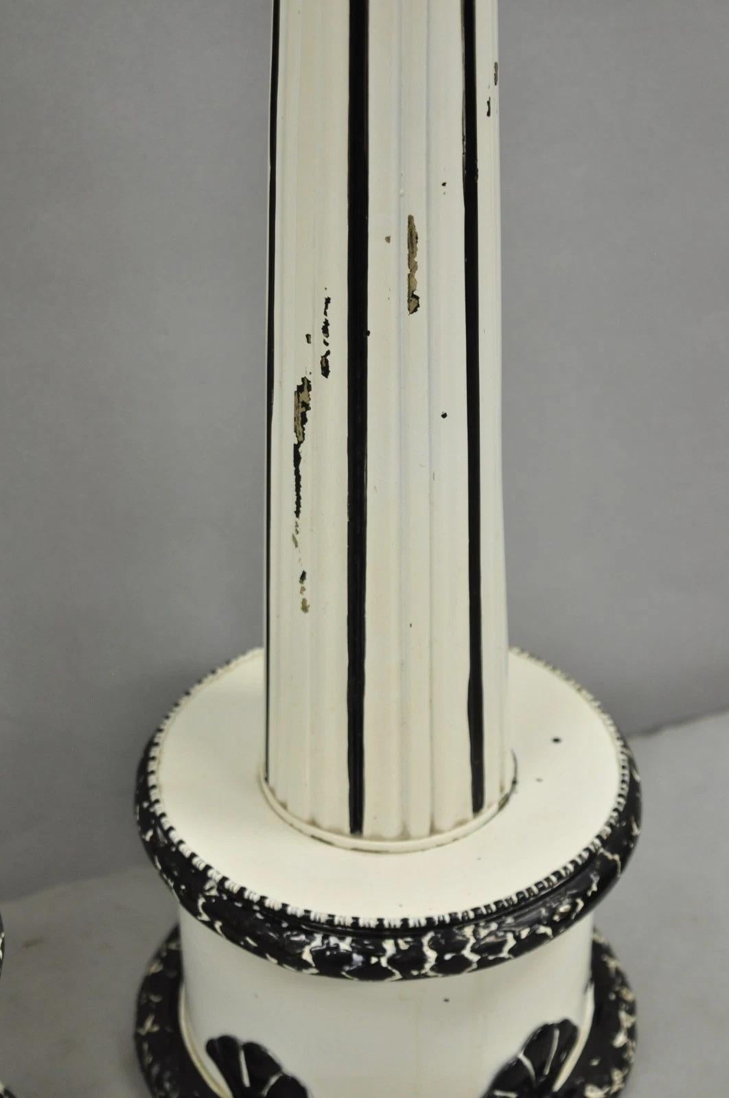Vintage Hollywood Regency Lotus Leaf Black & White Metal Column Table Lamps Pair For Sale 3