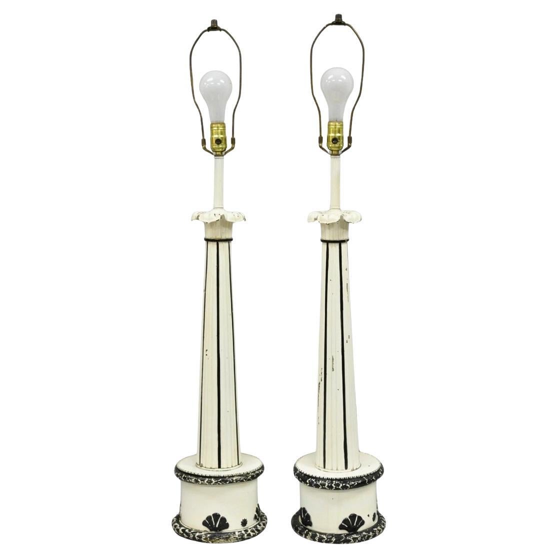 Vintage Hollywood Regency Lotus Leaf Black & White Metal Column Table Lamps Pair For Sale