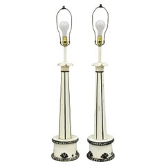 Vintage Hollywood Regency Lotus Leaf Black & White Metal Column Table Lamps Pair