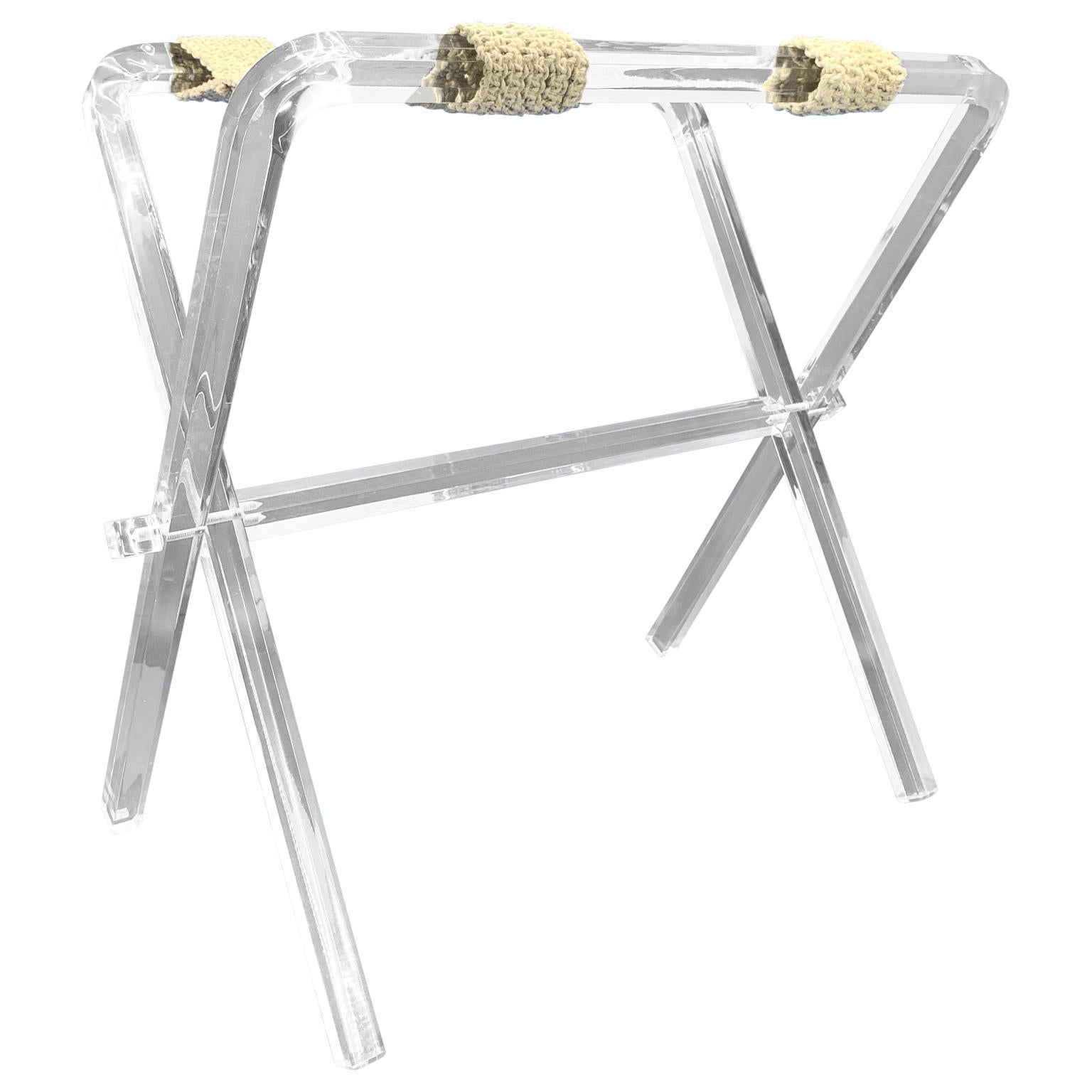 Vintage Hollywood Regency Lucite tray table or luggage rack, 

Collapsed the stand measures H 26.5 by W 25.5 by D 3.75 inches.