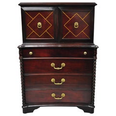Vintage Hollywood Regency Mahogany Leather Door Tall Chest on Chest Dresser