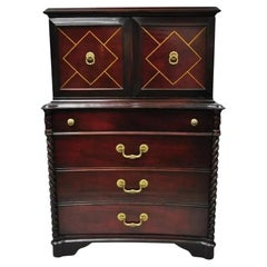 Vintage Hollywood Regency Mahogany Leather Door Tall Chest on Chest Dresser
